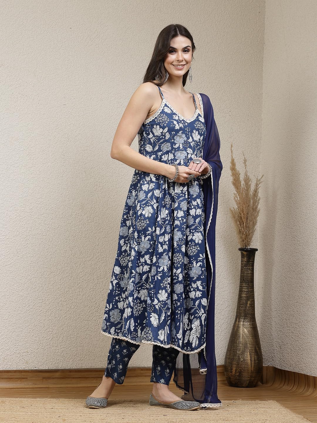 Stylum Women's Bandhej Printed Rayon Anarkali Kurta Pant Dupatta Set (KPDBLUEFALAK_Royal Blue)