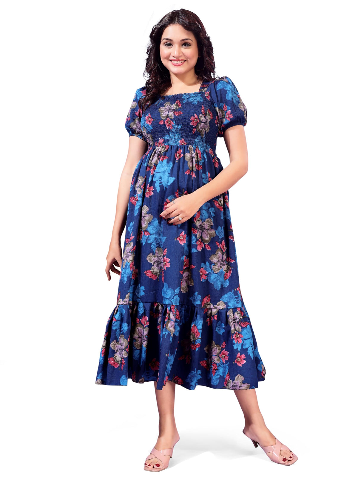 Kuduzo WomenS Cotton Blend Ruffle Midi Dress With Floral Print Short Sleeves Knee Length Regular Fit And Square Neck Blue