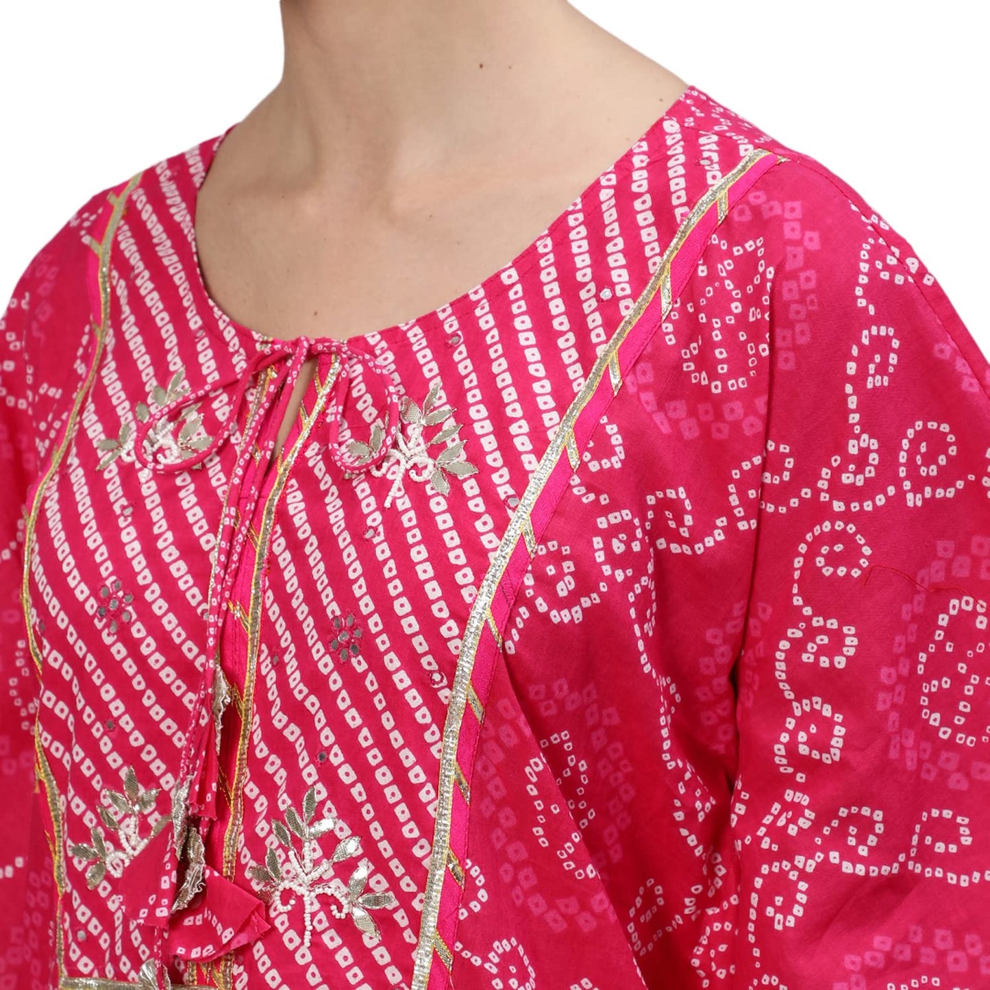 ishin Women's Cotton Blend Kaftan Embroidered Gotta Patti Bandhani print Pink Kurta suit set with Trouser