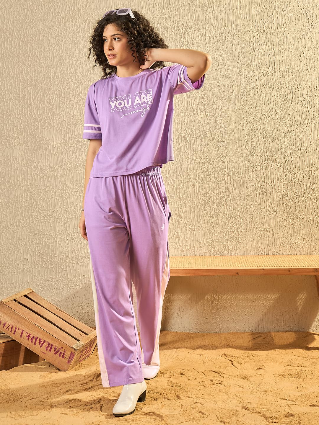 Pivl Women'S Cotton Blend Striped Co-Ords Set - Summer Style-Lavender-Xl