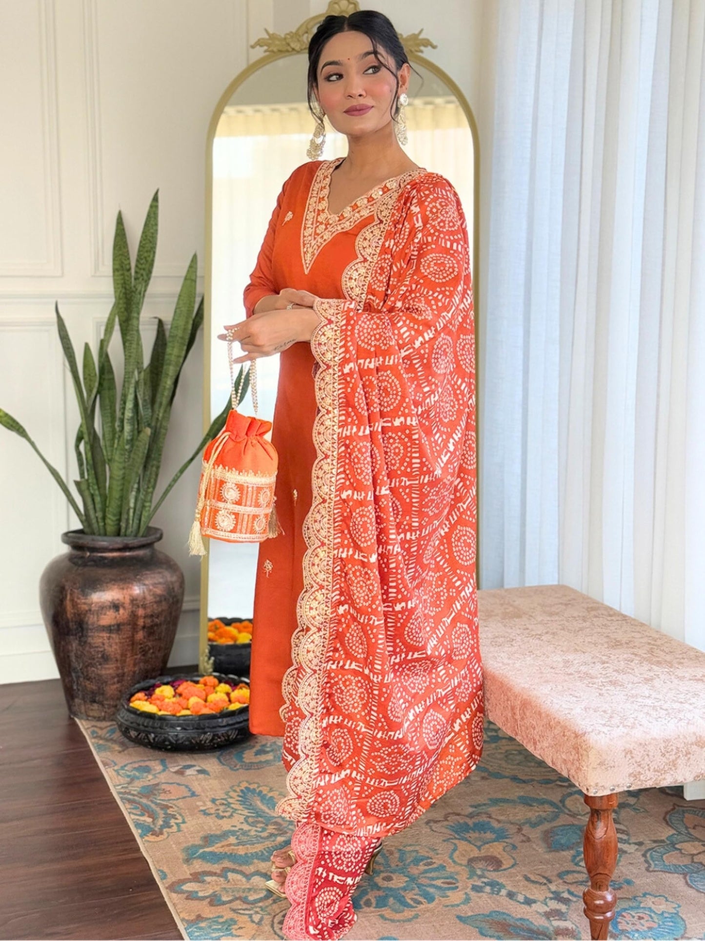 Naixa WomenS Orange Bsy Viscose Embroidered Straight Kurta With Bsy Viscose Pant And Silk Blend Embroidered Laced Dupatta Sets