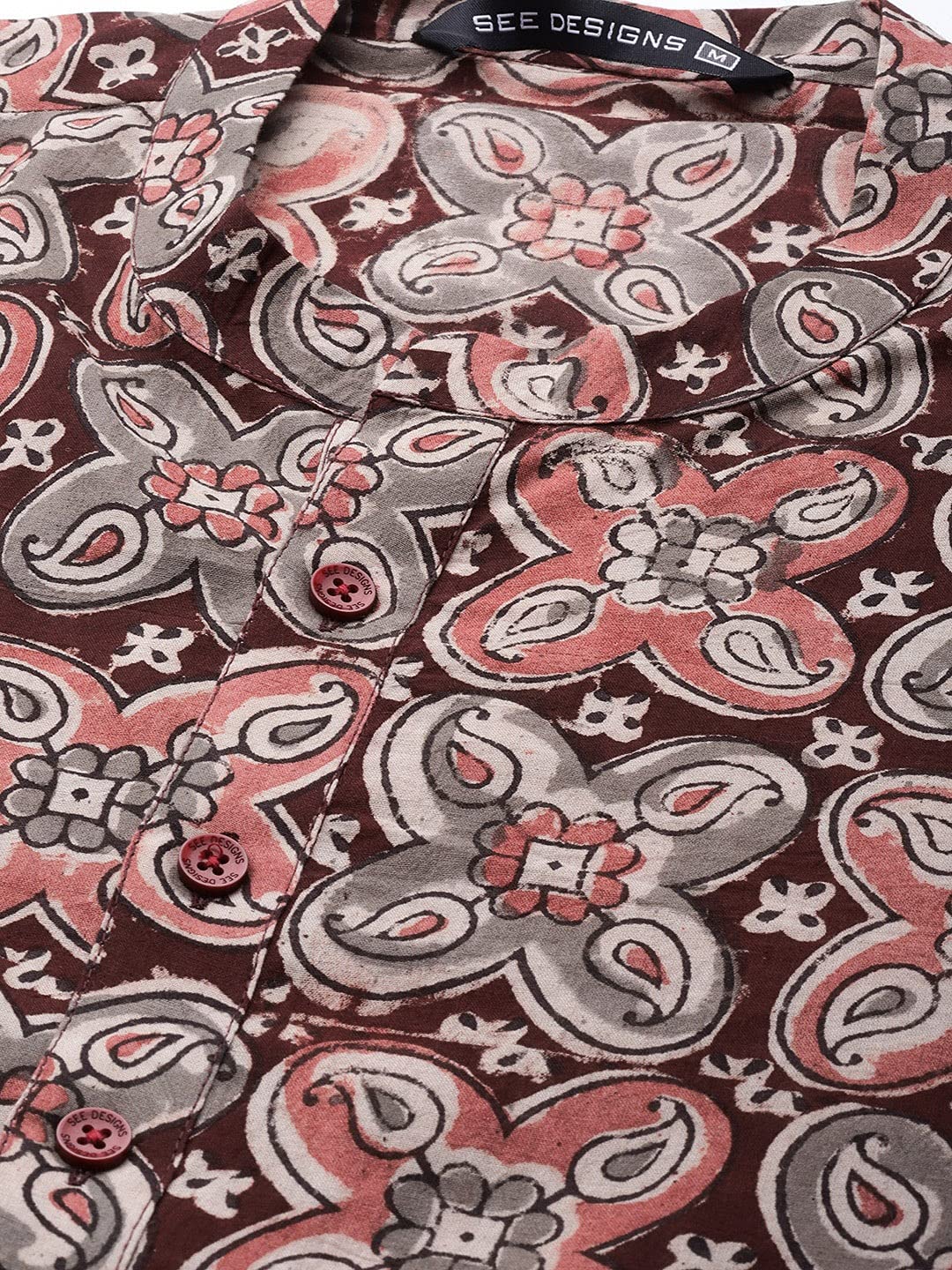 See Designs Men Maroon and Beige Kalamkari Block Printed Straight Sustainable Kurta