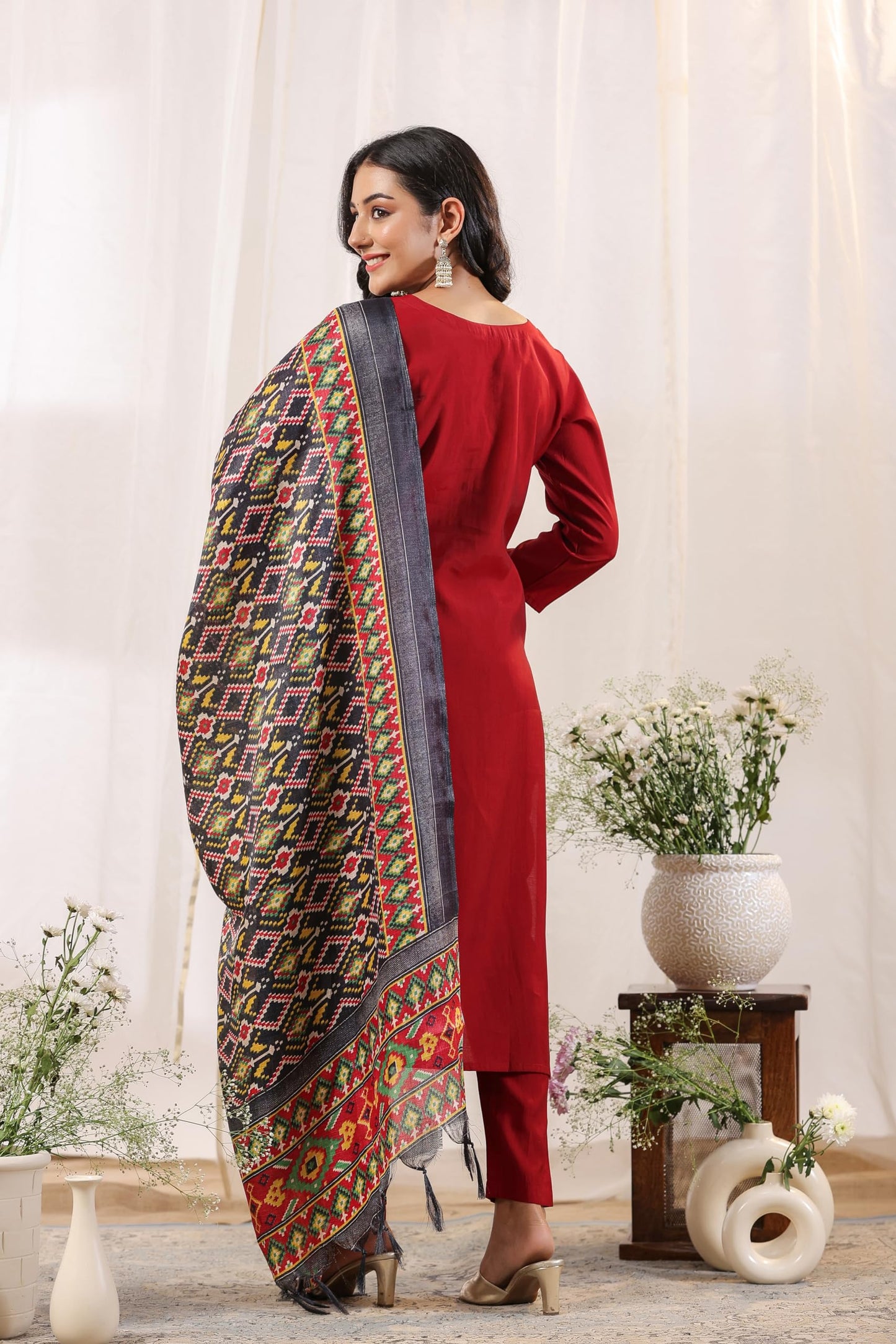 ishin Women's Maroon Ethnic Motifs Zari Work Staright Kurta with Trousers & Dupatta