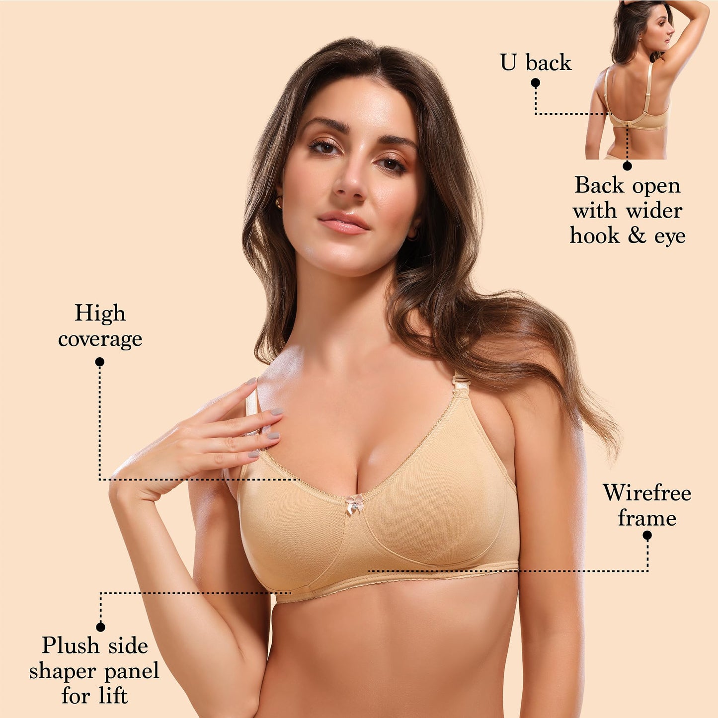 Enamor A055 Stretch Cotton Comfort Shaper with Detachable Straps T-Shirt Bra - Non-Padded Wirefree High Coverage - Skin