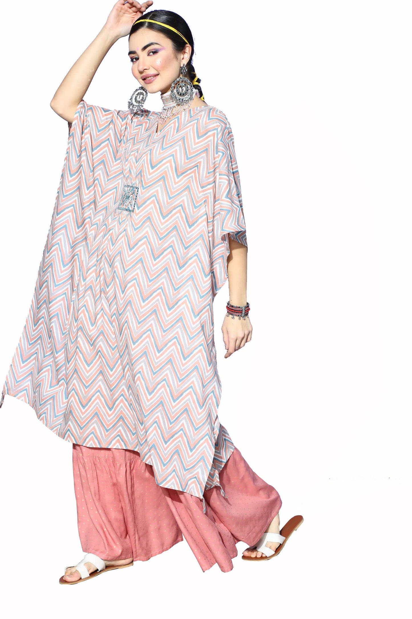 Stylum Women's Stripes Printed Cotton Kaftan Kurta (Peach)