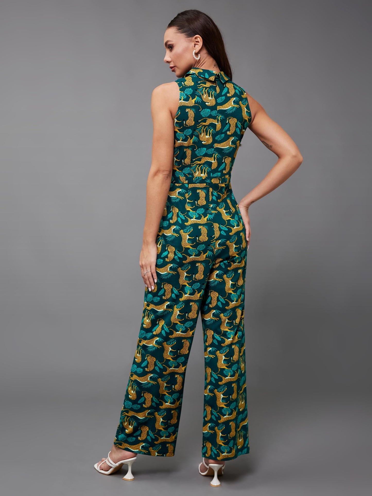 Miss Chase WomenS Shirt Collar Sleeveless Animal Printed Regular Length Jumpsuit With Pockets (Mcss24D19-43-306-02, Multicolore