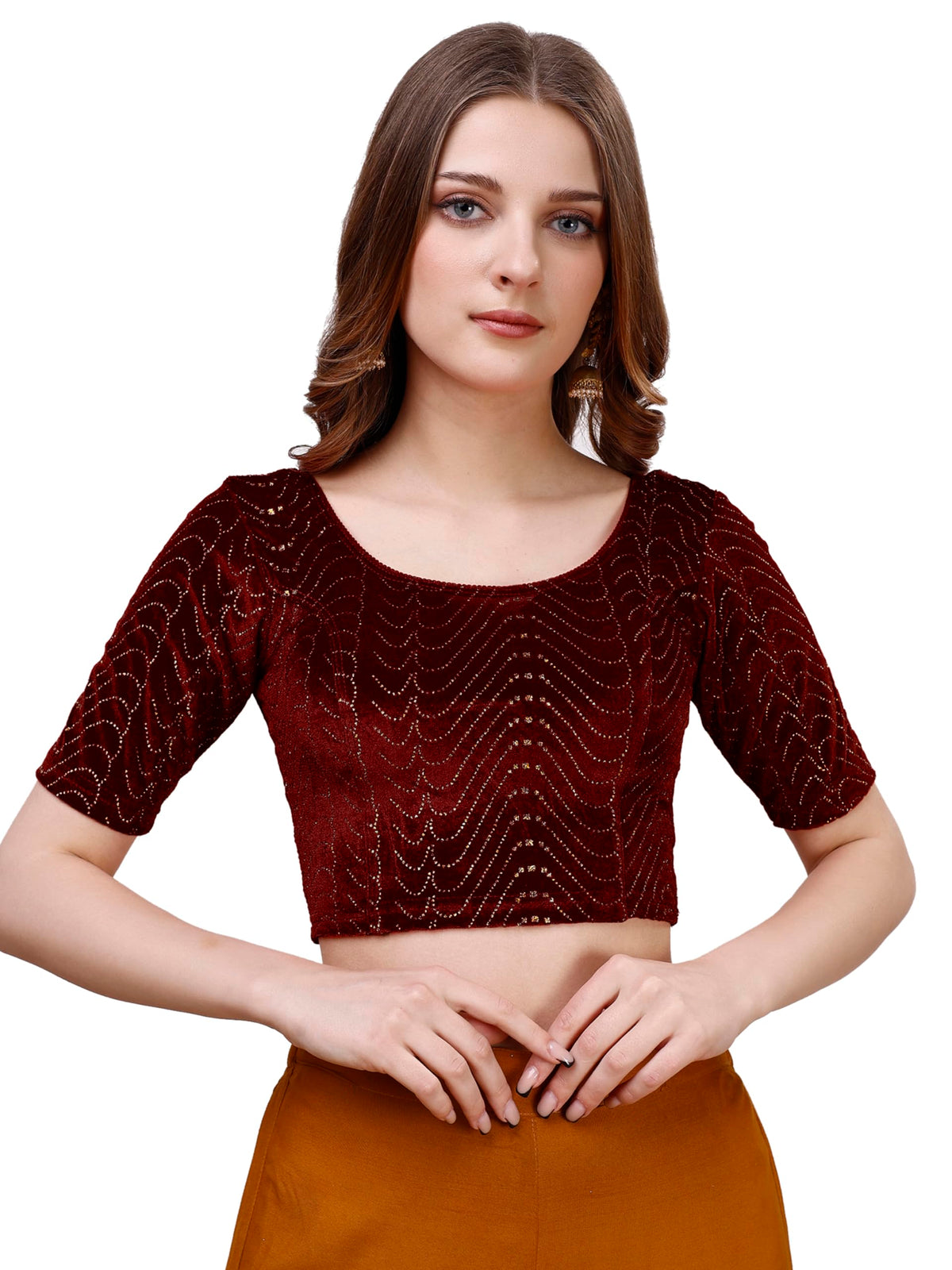 Pujia Mills WomenS Readymade Hosiery Velvet Lycra Stretchable Round Neck Half Sleeve Blouse With Jari Work Fancy Maroon Color L