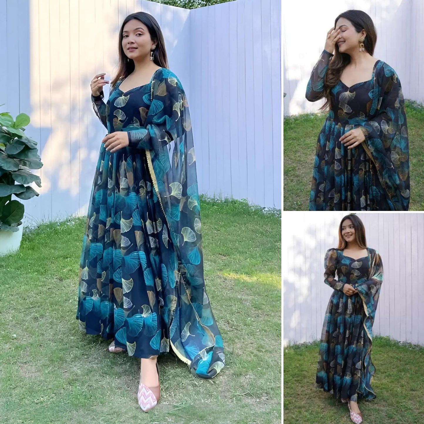 Anveri Textiles WomenS Georgette Floral Printed Kurta Set | V Neck Full Sleeves Regular Fit Flared Ankle Length Kurta And Print