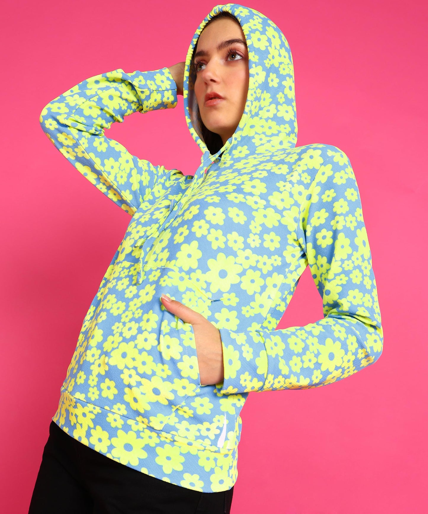 POPWINGS Women Casual Yellow Green Floral Print Hooded Pocket Sweatshirt | Winter Wear | Trendy Sweatshirts