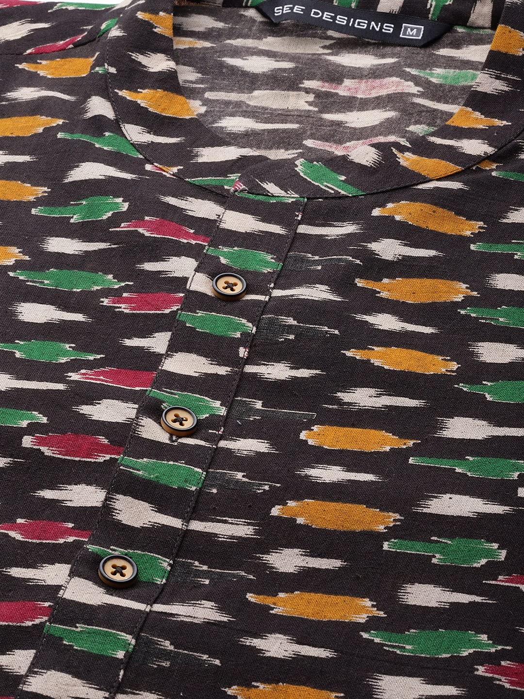 See Designs Men Black and Gold Kalamkari Block Printed Straight Sustainable Kurta
