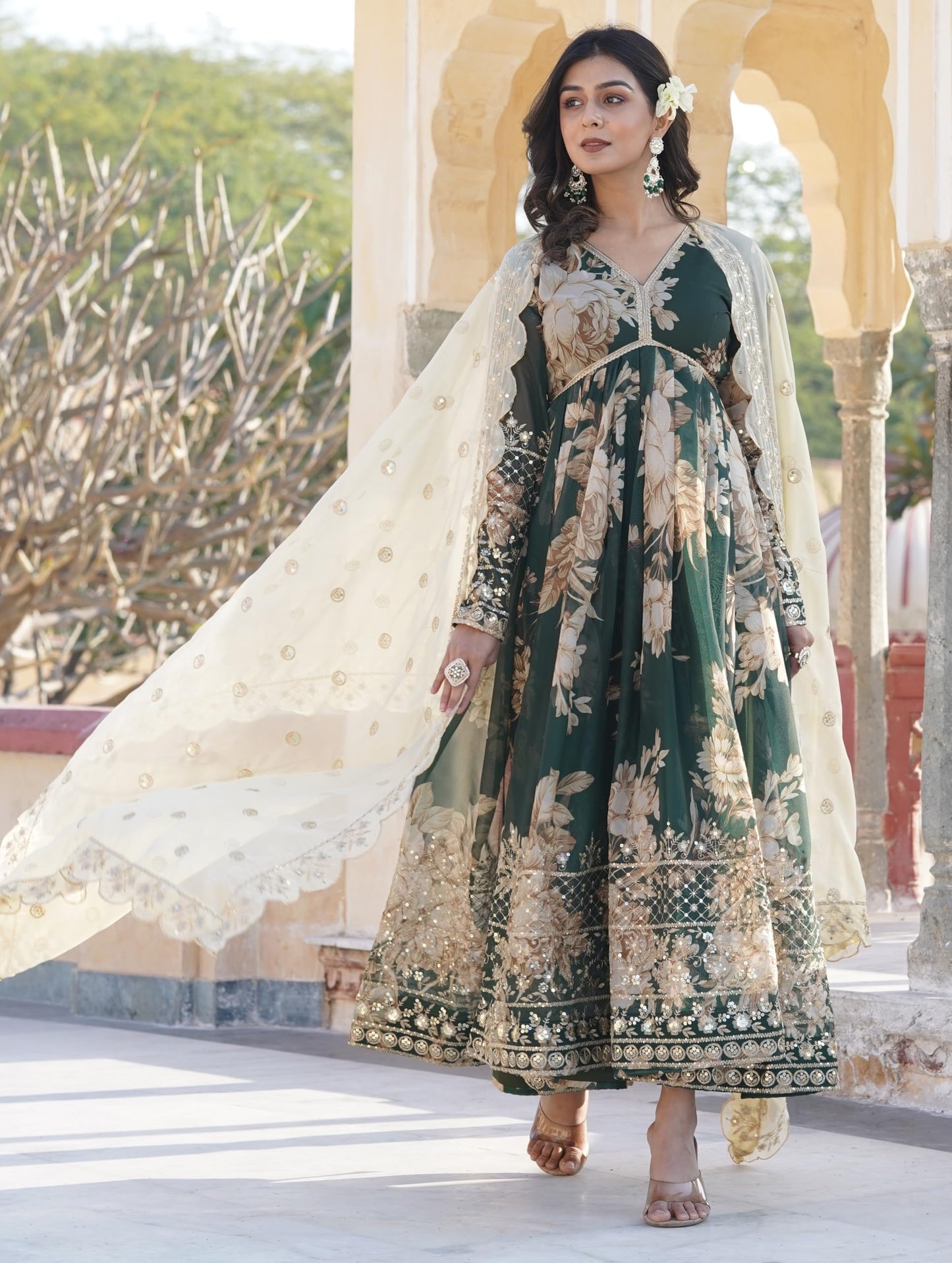 Fashion Basket Havy Silk Printed Anarkali Kurta Set For Women Green