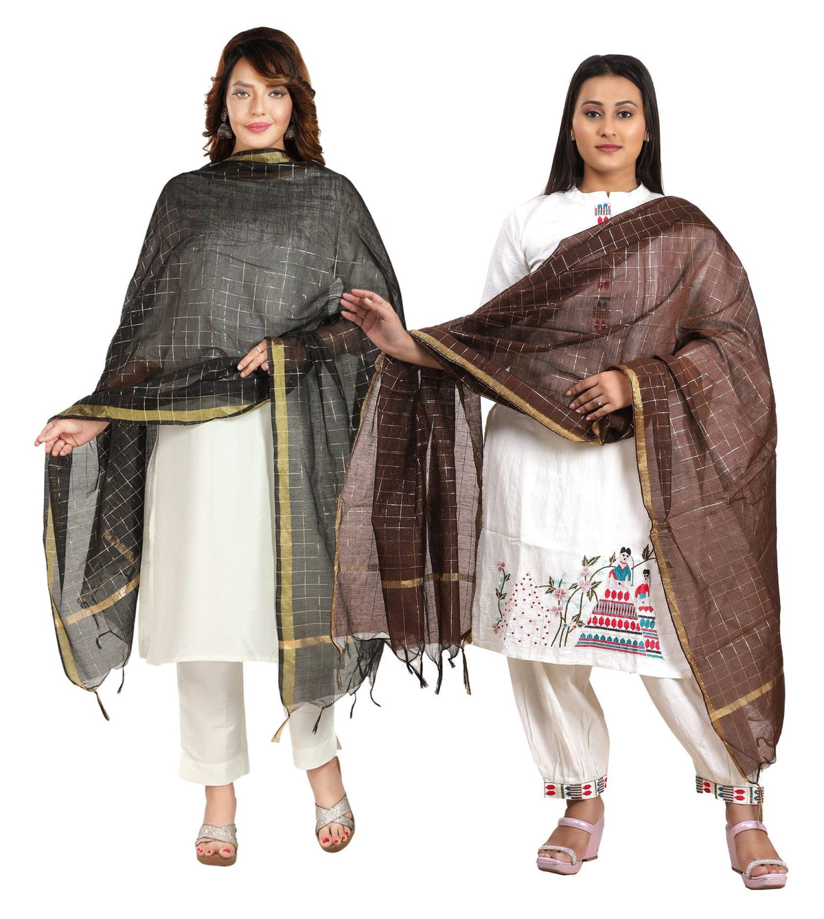 Fabme WomenS Checkered Dupatta With Embellish Golden Border Chocolate, Black - Pack Of 2