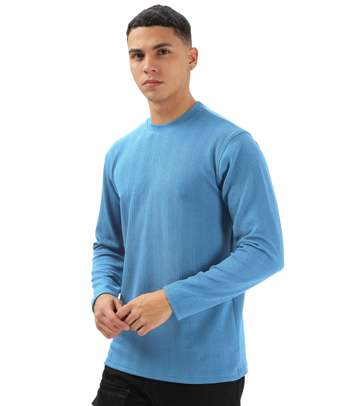 SHODOX Mens Solid Round Neck Full Sleeve Regular fit Tshirt (Pack of 1) Light Blue