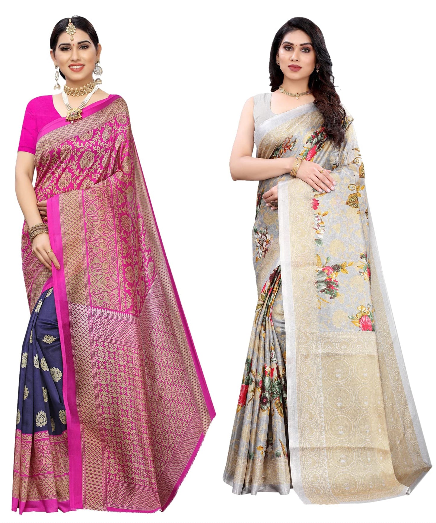 Yashika Womens Combo Art Silk Printed Saree With Blouse Piece Pack Of 2(METRO NAVY-PUDINA GREY)