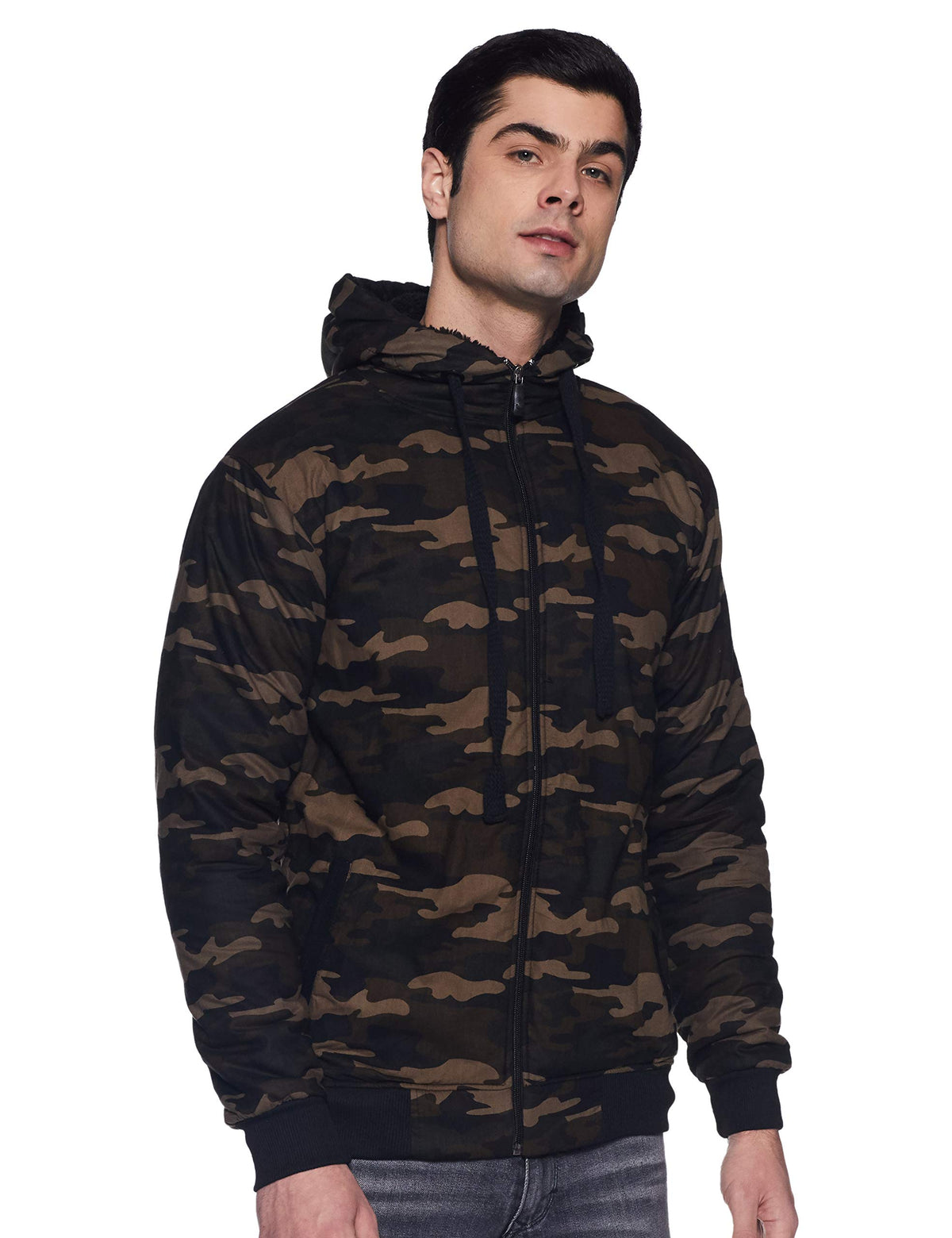 Campus Sutra Mens Forest Green Camouflage Hoodie with Insert Pocket for Casual Wear | Hooded Neck | Long Sleeve | Zipper Closur