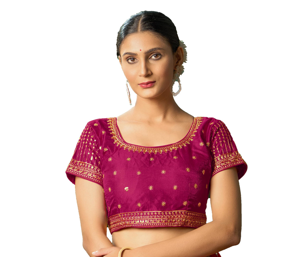 Pujia Mills Womens Pink Readymade Blouse Embroidery Multi Coding Gold Thread Indian Ethnic Designer Blouse Stitched Womens Rea