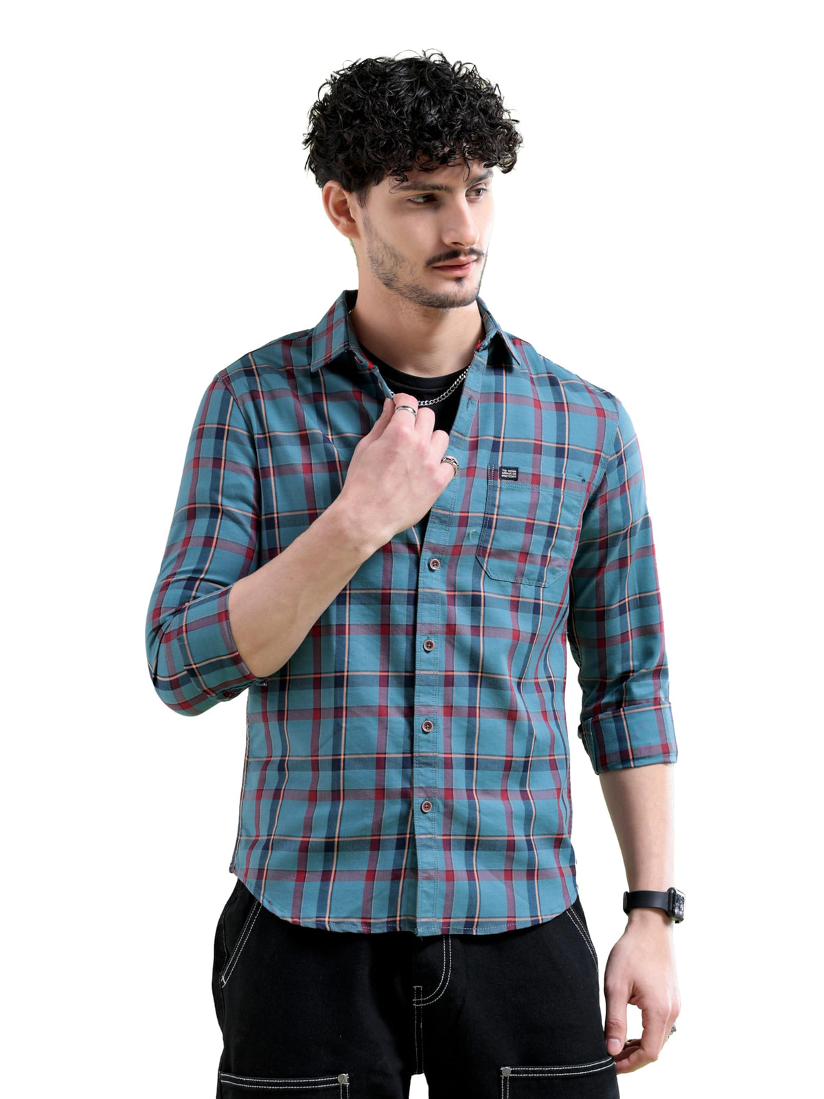The Indian Garage Co Men Teal Checkered Slim Fit Cotton Casual Shirt