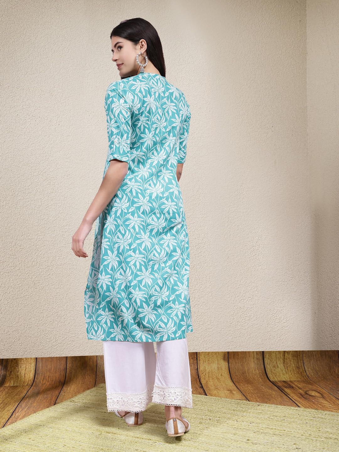 Stylum Women's Floral Printed Cotton A-Line Kurta (Pluto_Turquoise Blue)