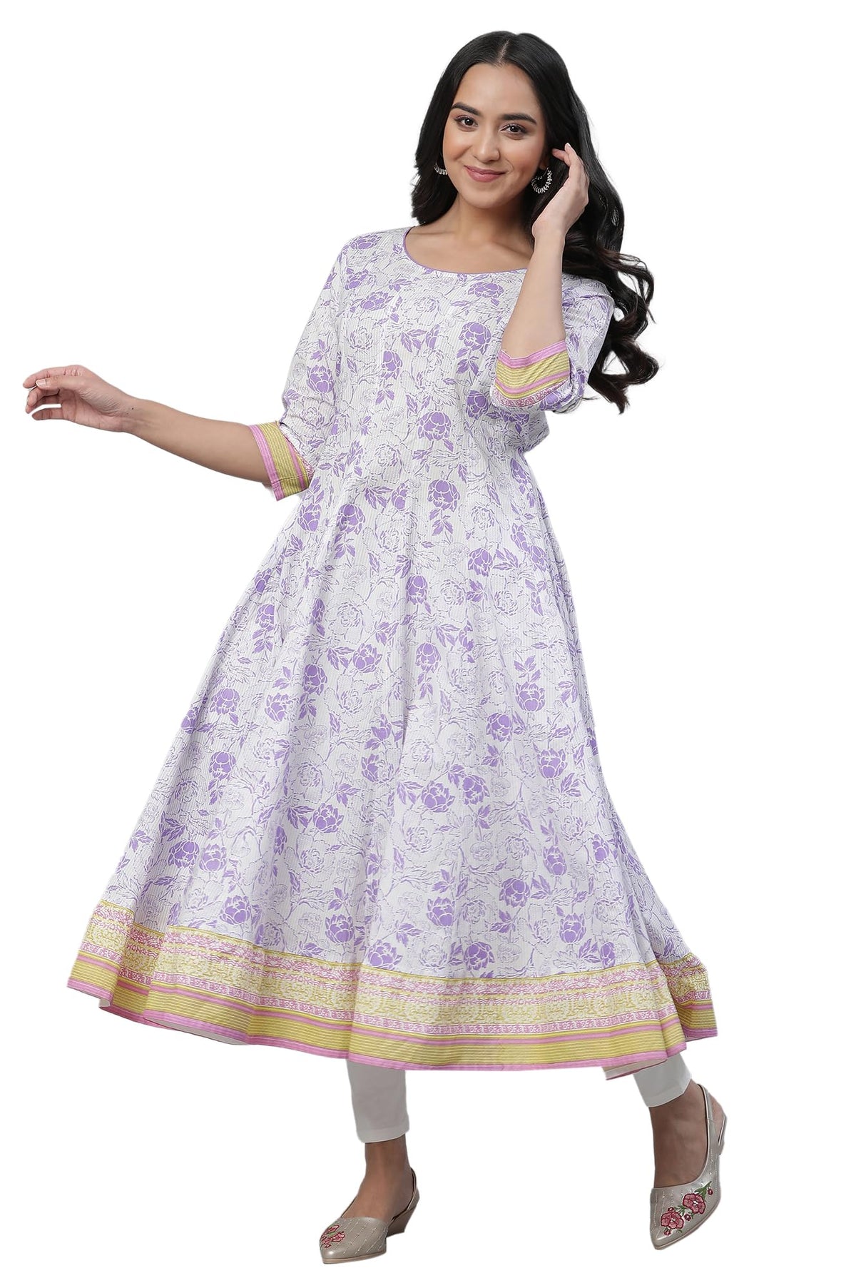 Aurelia White Cotton Floral Printed Printed Anarkali Kurta For Women