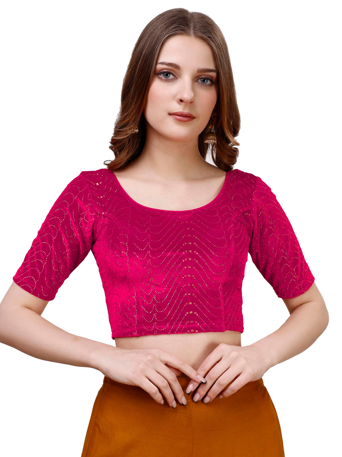 Pujia Mills WomenS Readymade Hosiery Velvet Lycra Stretchable Round Neck Half Sleeve Blouse With Jari Work Fancy Pink Color Lyc
