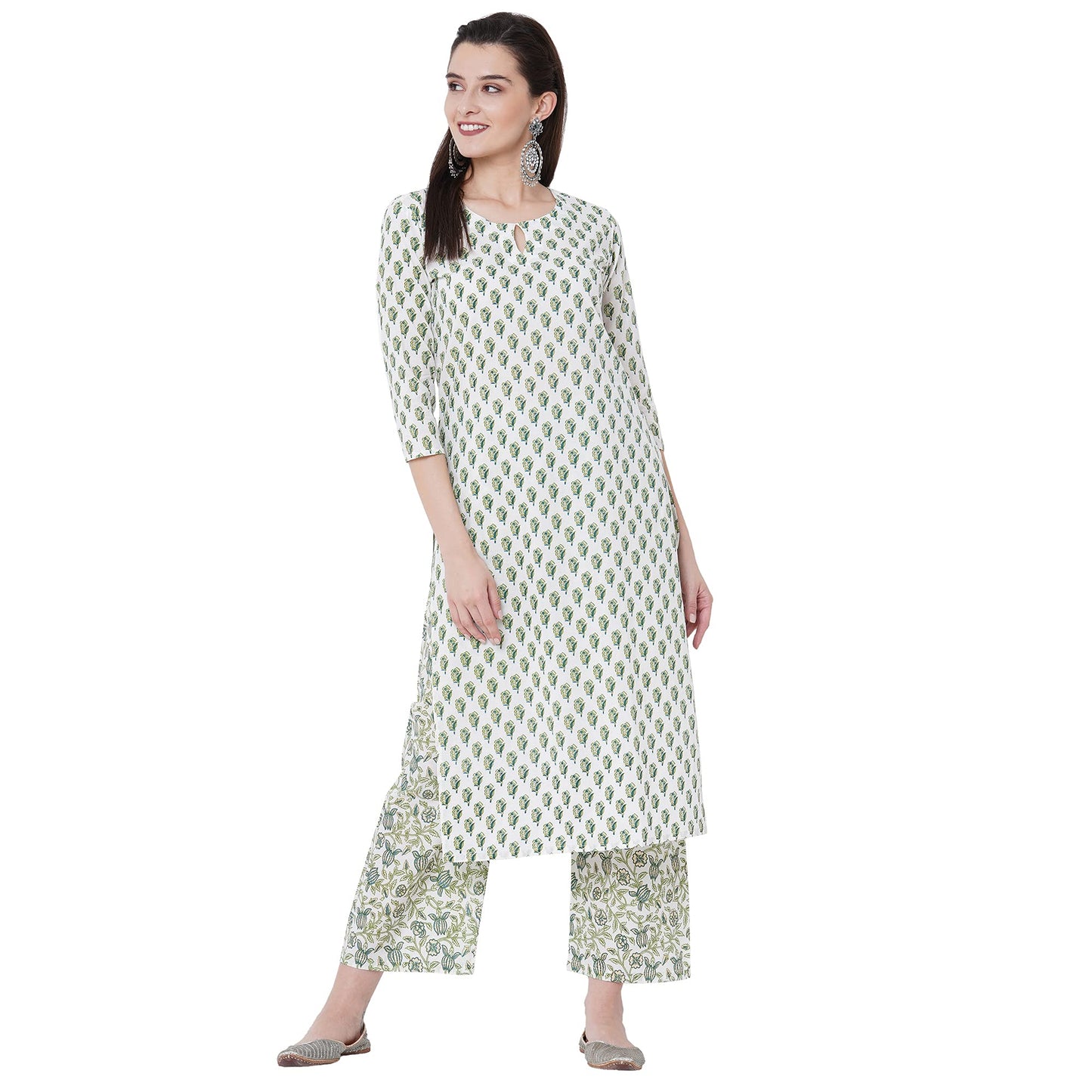 GoSriKi Women's Cotton Straight Kurta with Palazzo (EPSHA White)