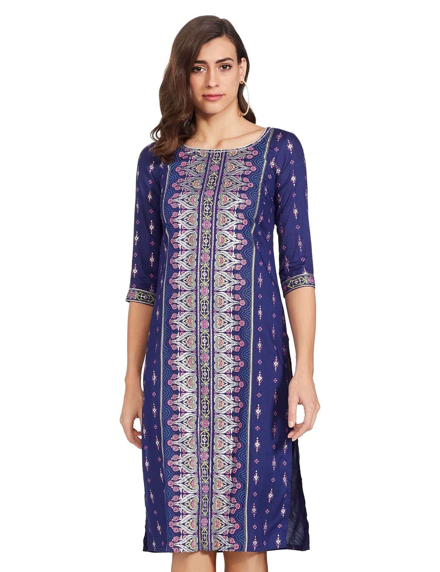 Aurelia Blue Round Neck Printed Kurta