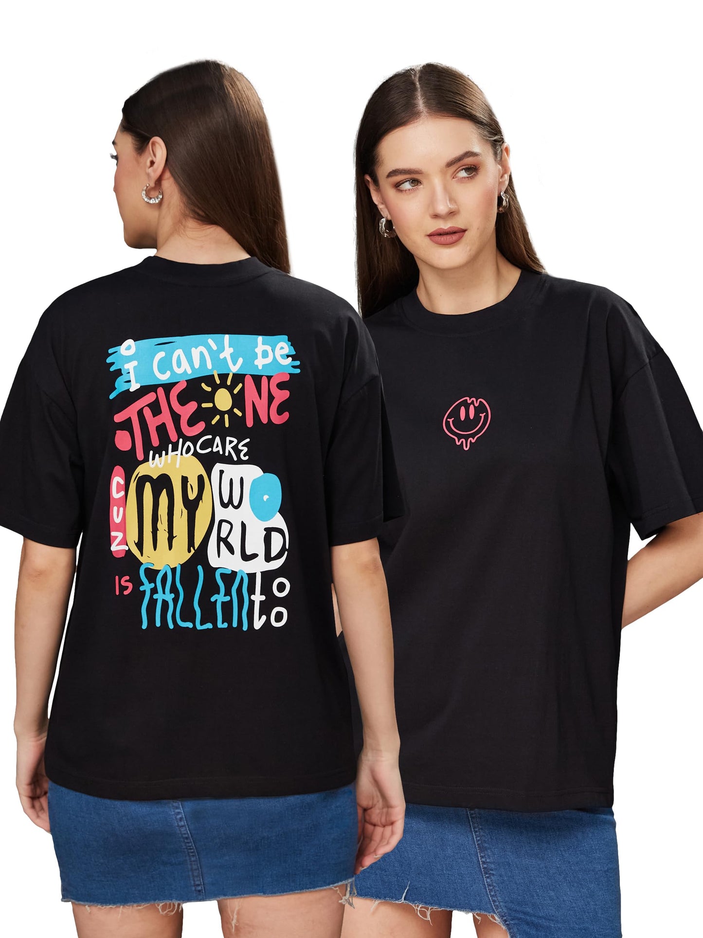 Miss Chase Womens Round Neck Half Sleeve Conversational Printed Regular Length Oversized Cotton T-Shirt (MCS24TS01-61-62-04, Bl