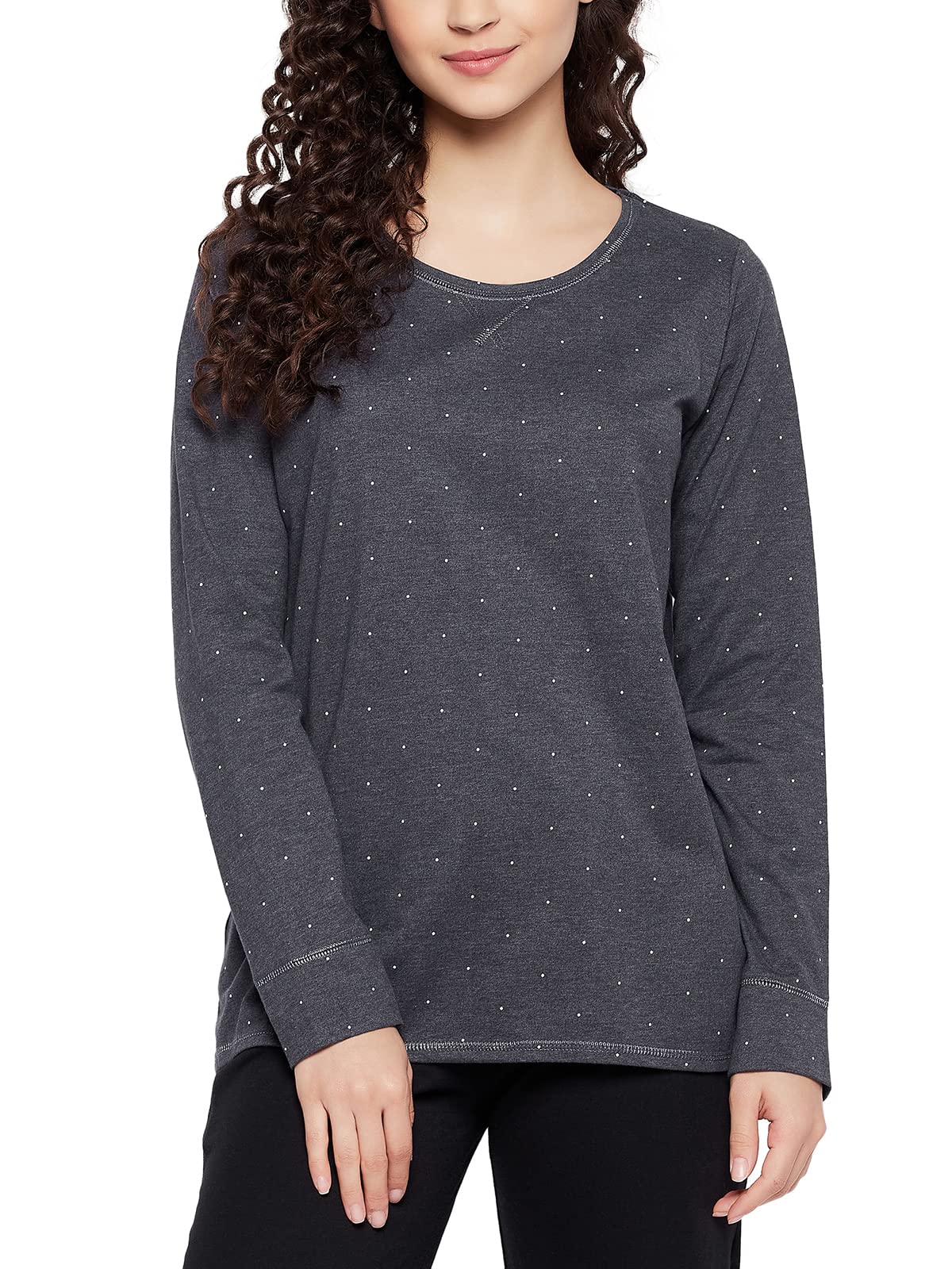 Clovia Womens Polka Dot Print Top (LT0160D05_Grey_L)