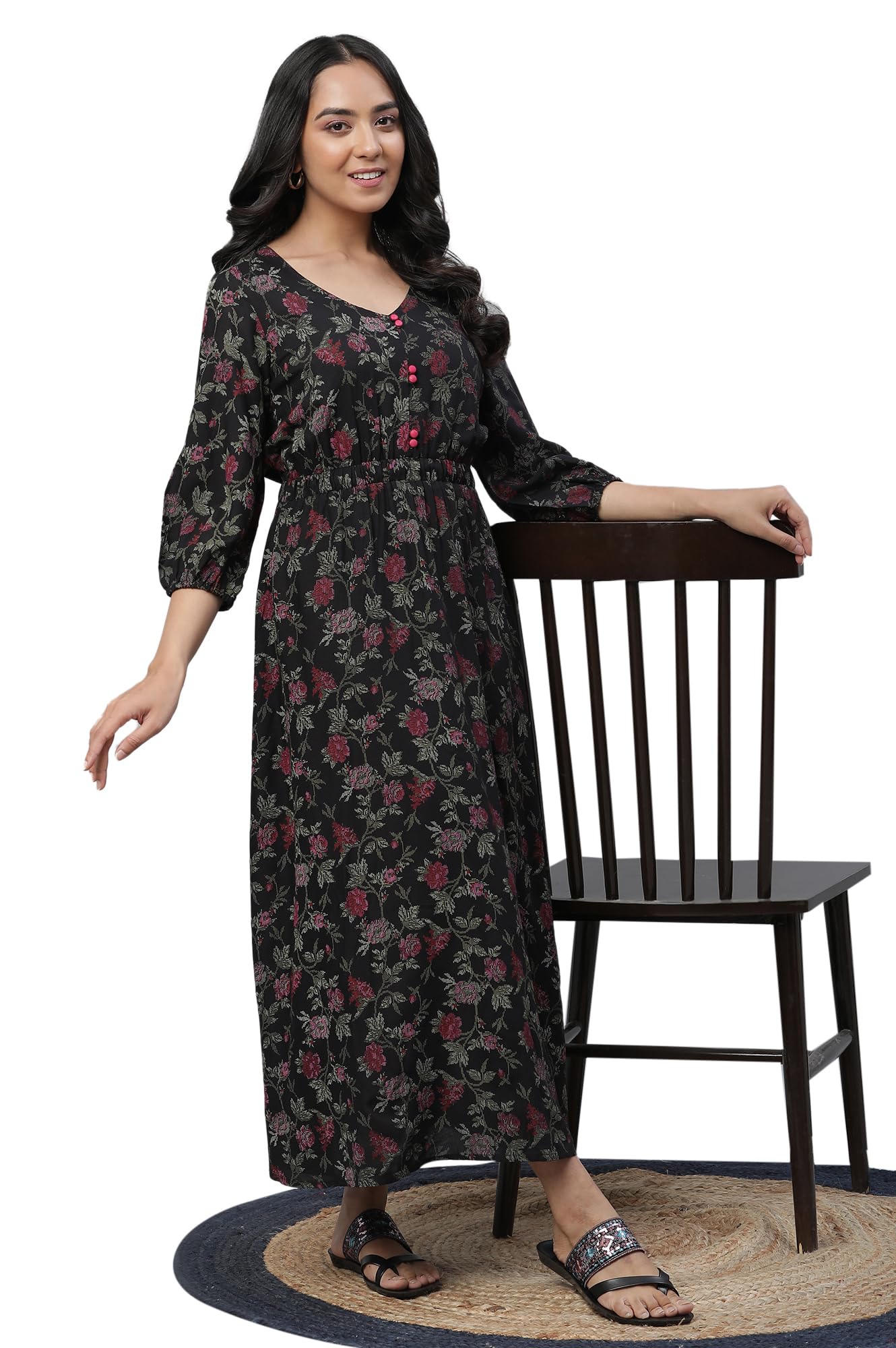 Aurelia WomenS Black Floral Printed Viscose Dress_23Aua14527-507465_S