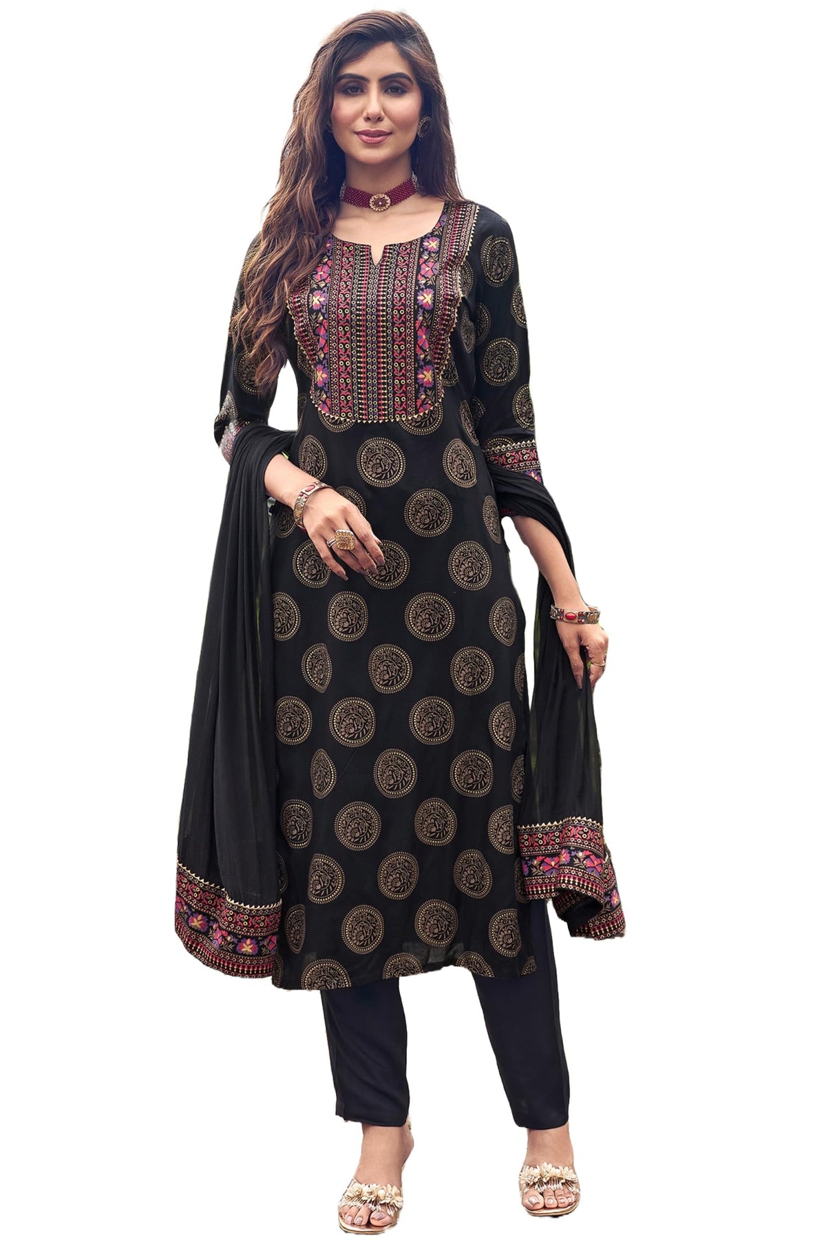 ANNI DESIGNER Ladies Cotton Kurta with Trousers and Dupatta, Black, XL