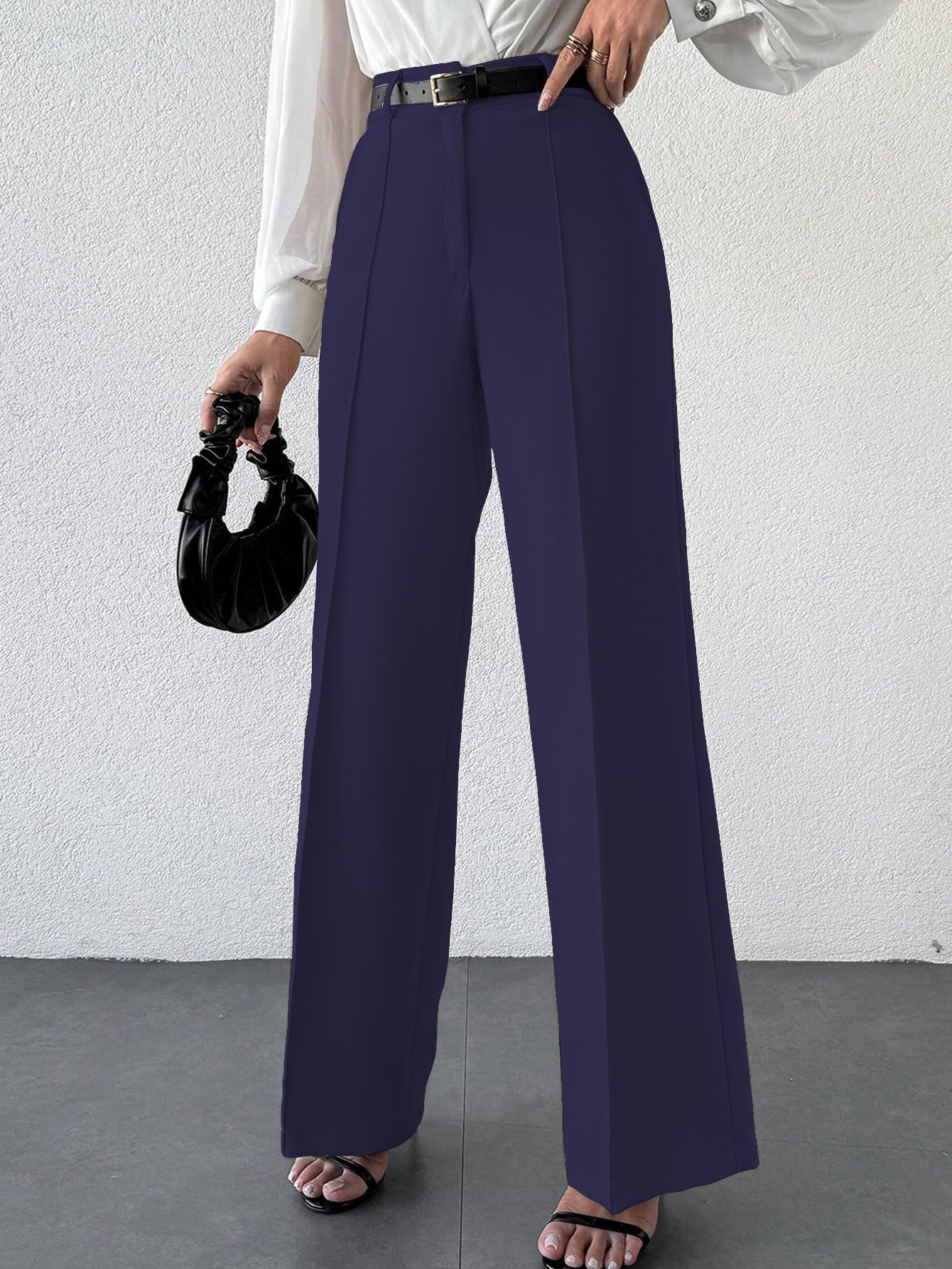 Shasmi Womens Solid Navy Blue Color High Waist, Wide Straight-Leg Loose Fit, Front Button Closure, Simple Daily Casual Long Pan
