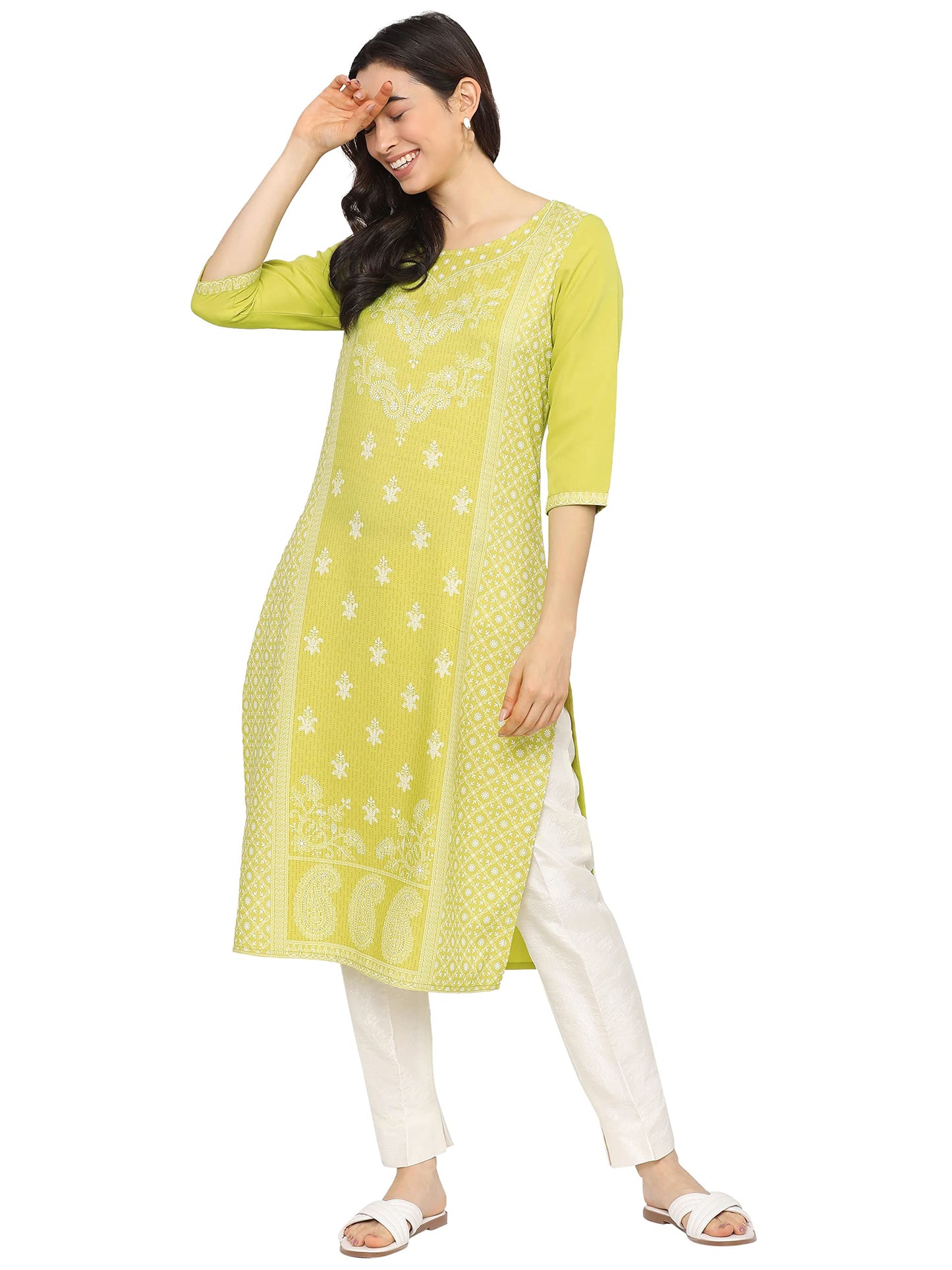 Ketch Women'S Polyester Regular Fashion Regular Fit Kurta (Khku000081_Lime/Green,Medium, Medium
