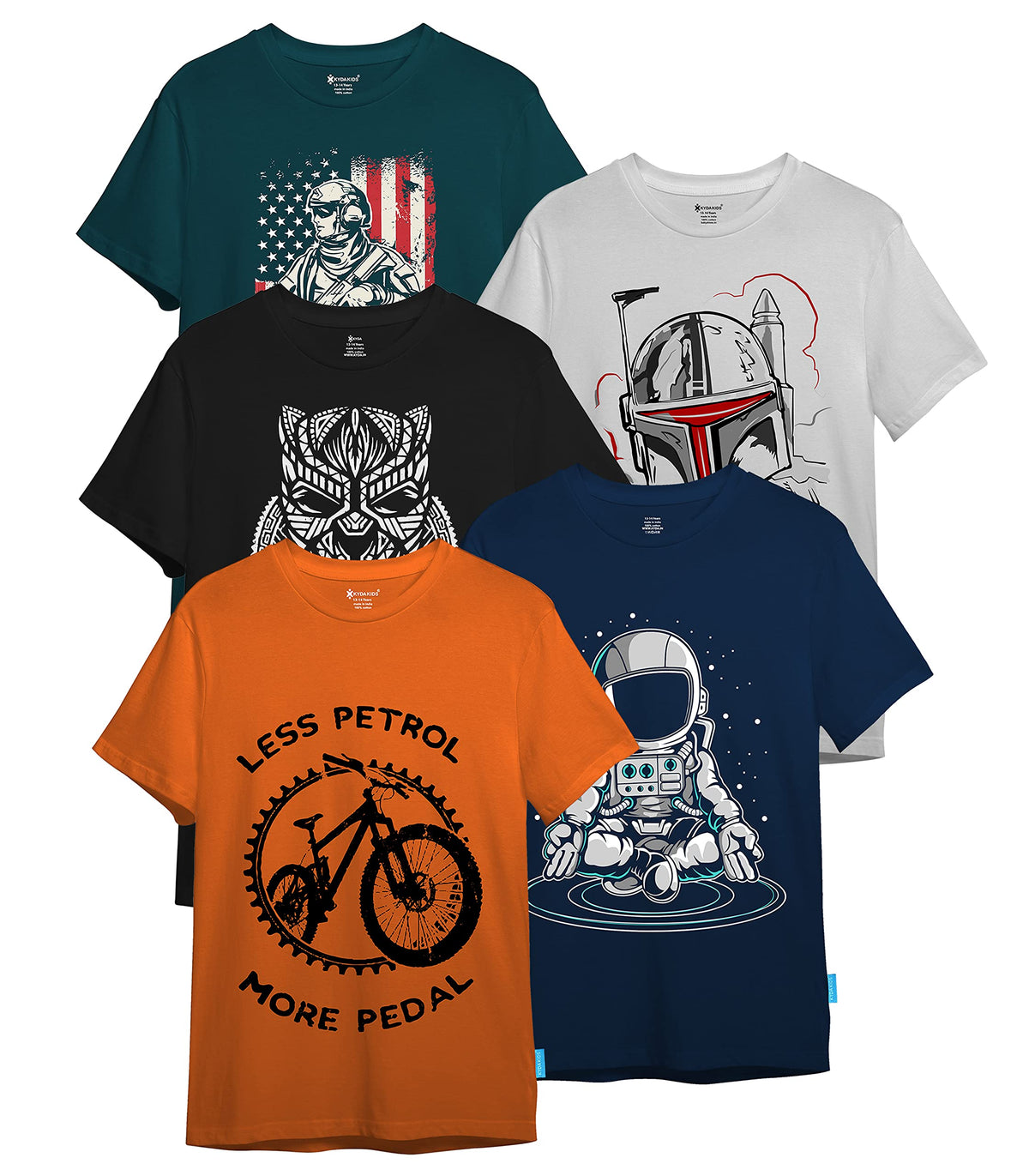 Kyda Kids Boys Cotton Printed Round Neck T-Shirts - Multicolor (Pack Of 5)