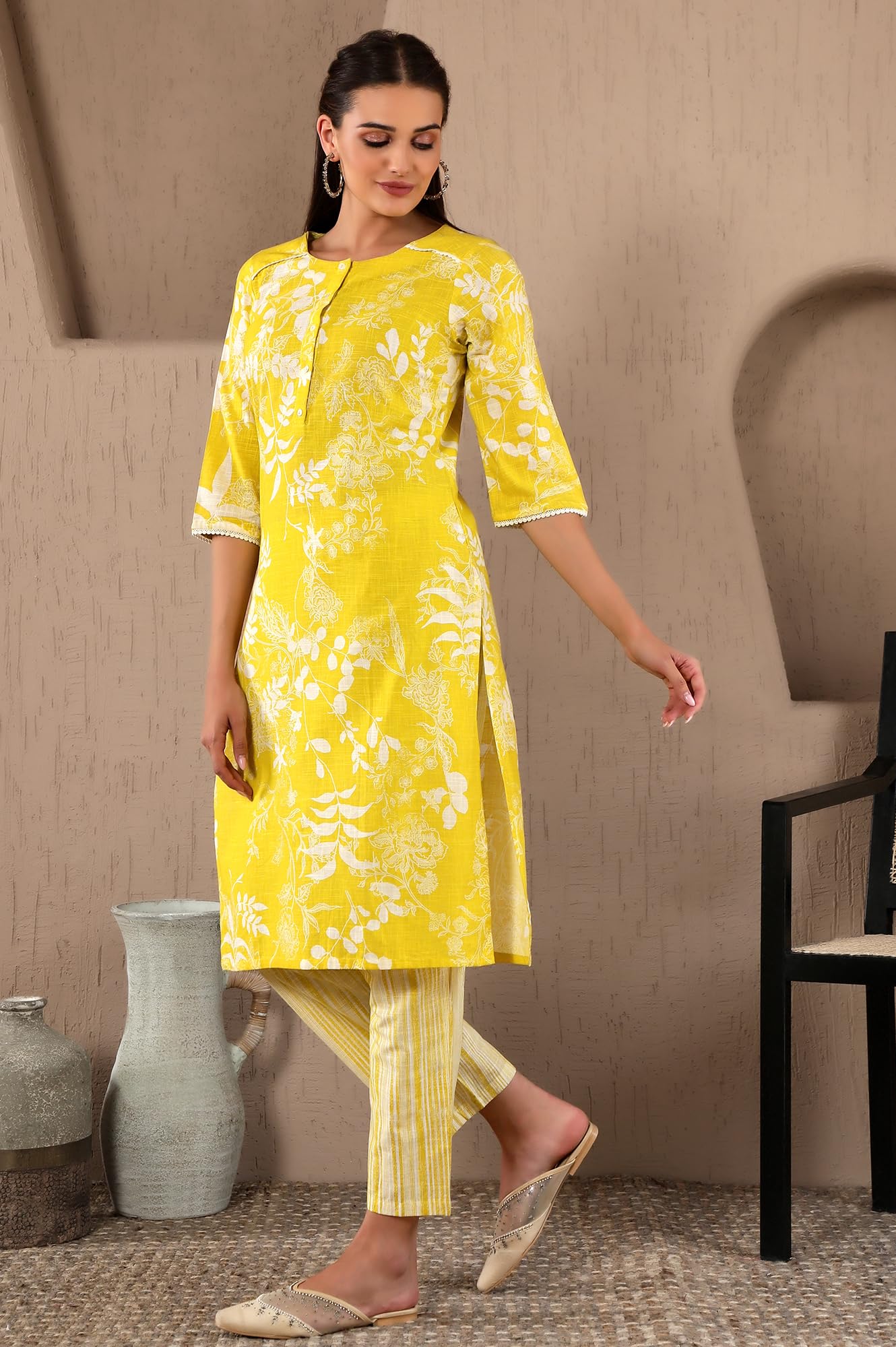 W WomenS Light Yellow Floral Printed Cotton Kurta Dupatta Bottomwear With Lace