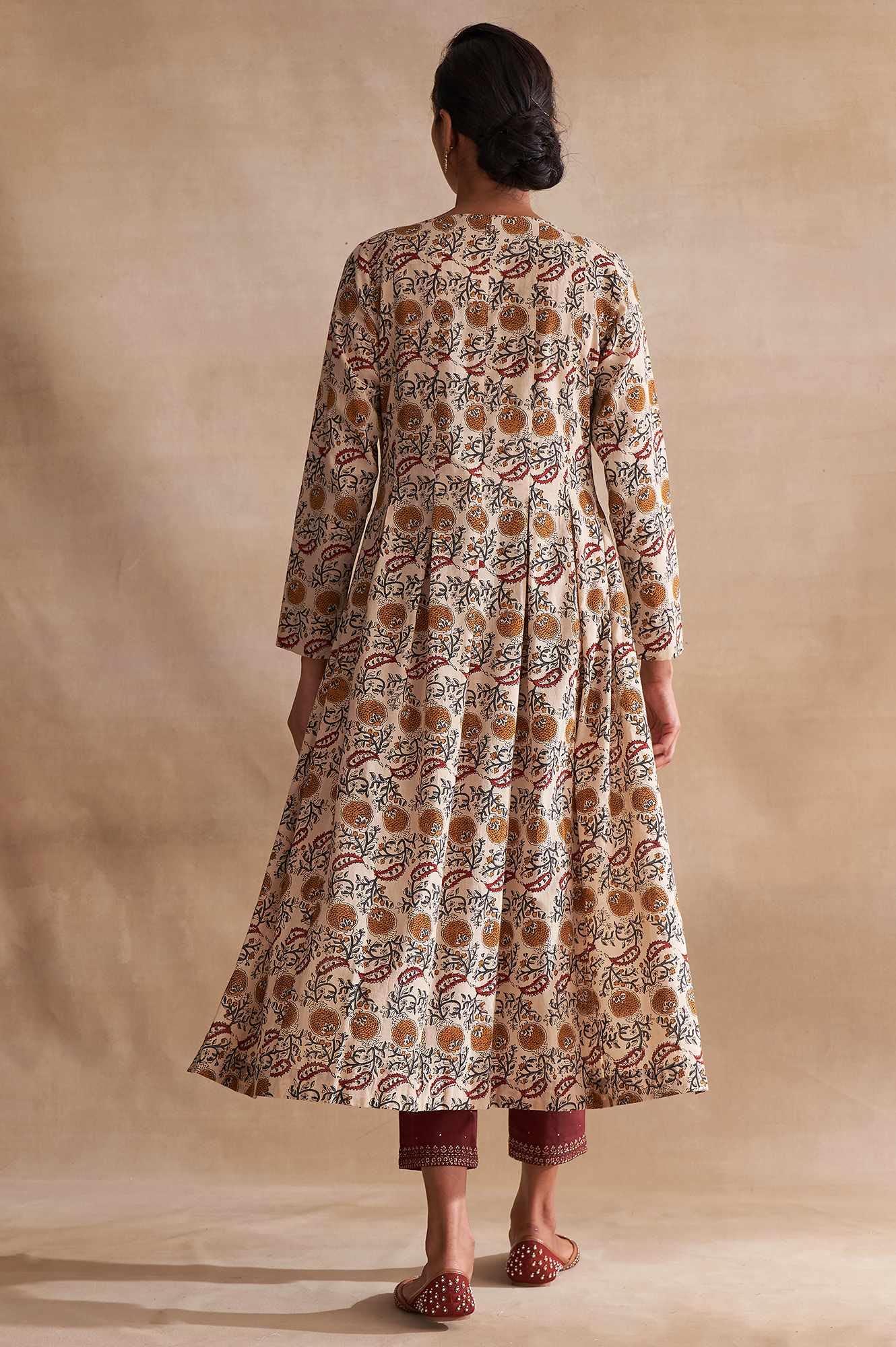 W for Woman Beige Block Print Pleated Longline Kurta