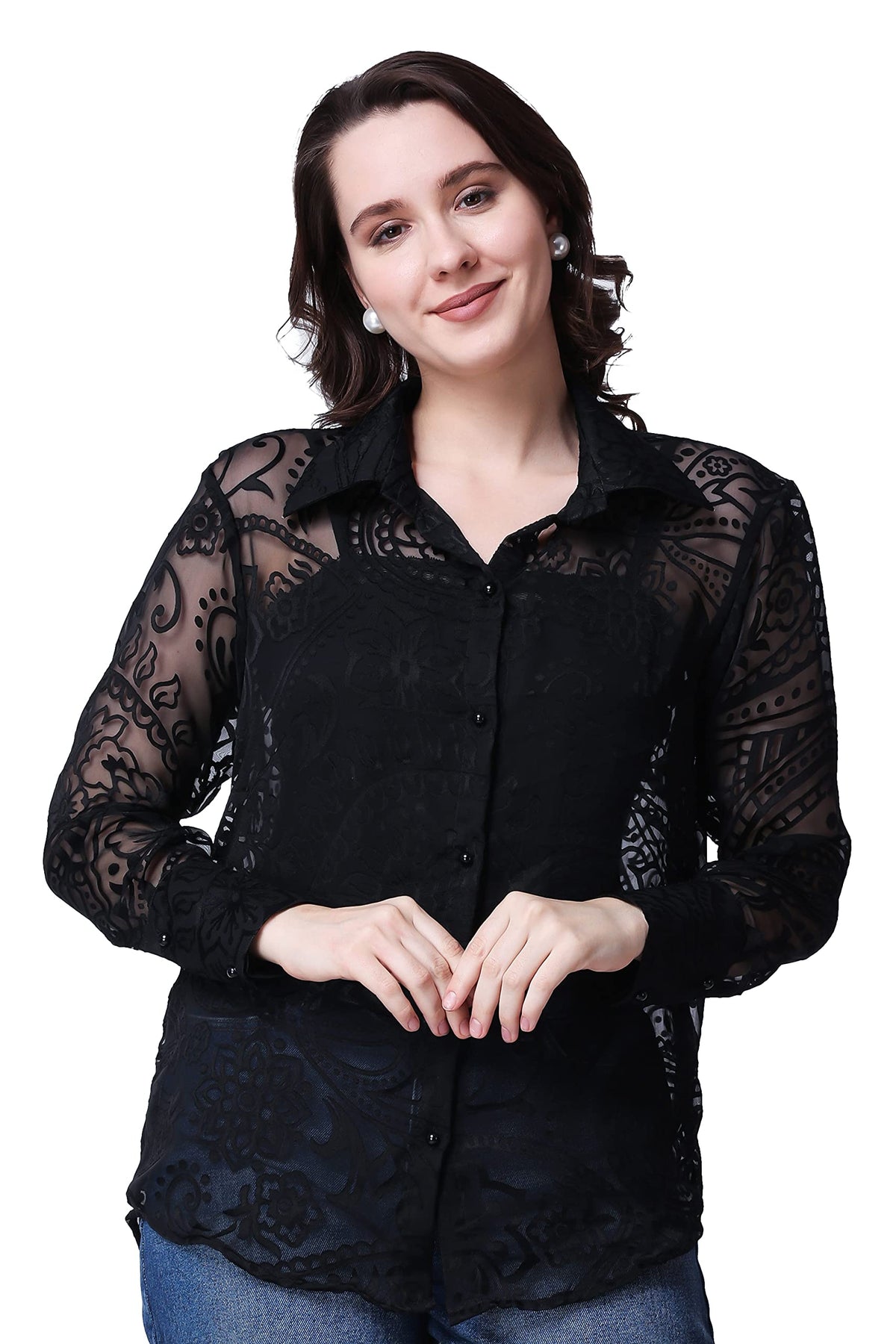 POPWINGS Casual Net Laces Brasso Design Transparent Shirt for Women || Stylish Western Net Shirt for Women || Women Shirt for Su