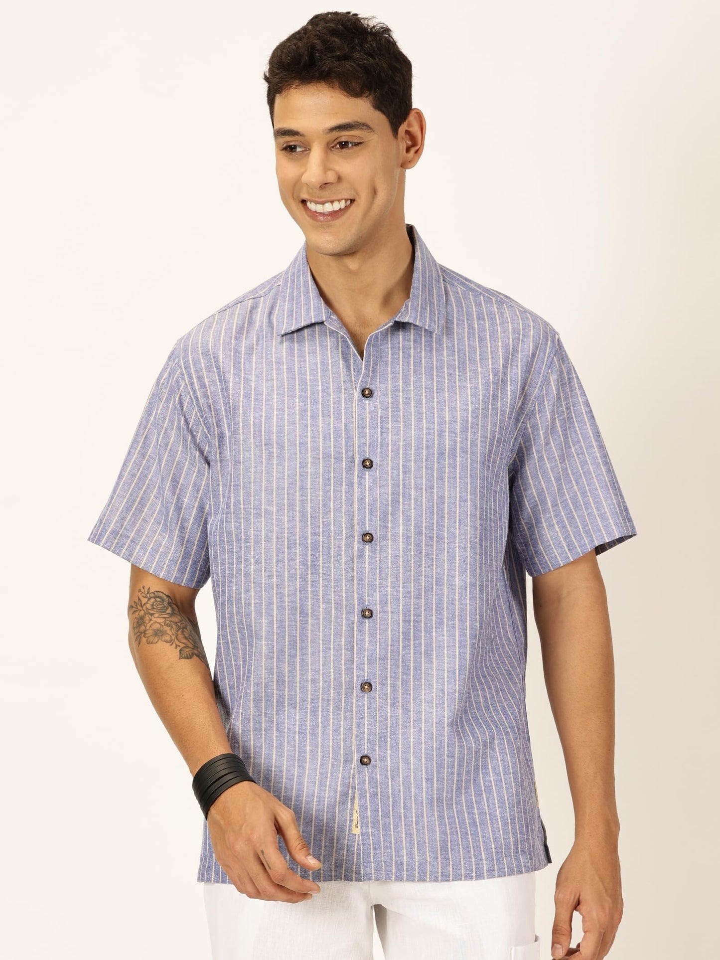 Thomas Scott Premium Linen Blend Half Sleeves Spread Collar Striped Casual Shirt for Mens Blue