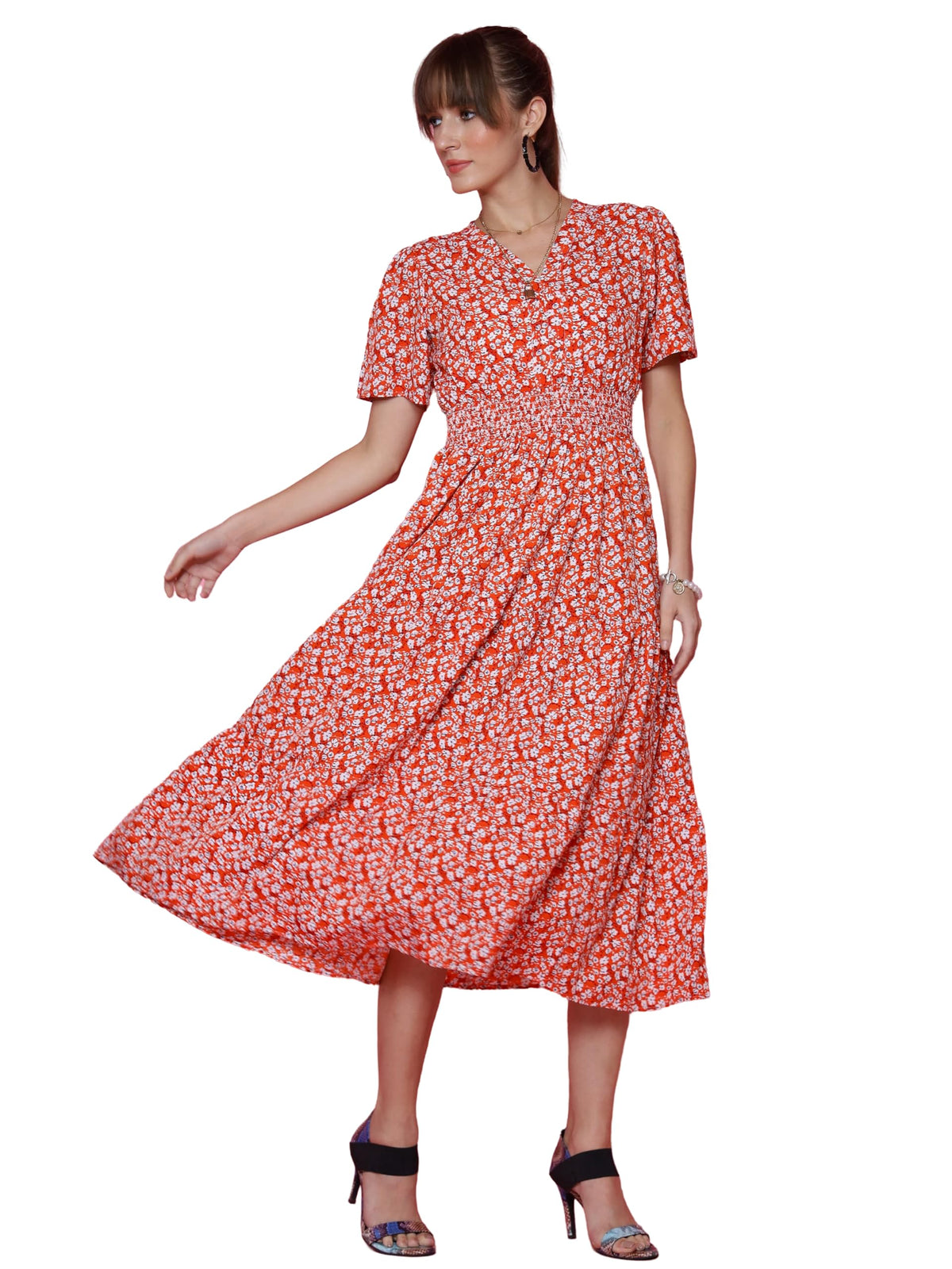 Sheetal Associates WomenS Casual Half Sleeve Crepe Printed Fit And Flare Dress Red