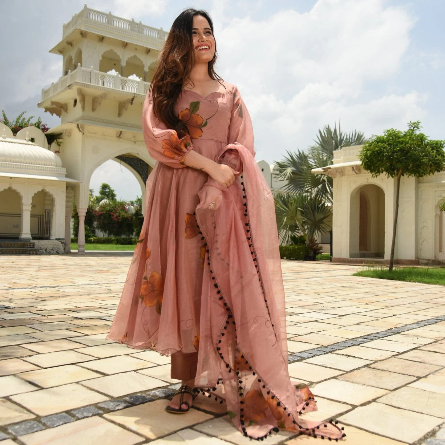 GoSriKi Women's Organza Printed Anarkali Kurta with Pant & Dupatta