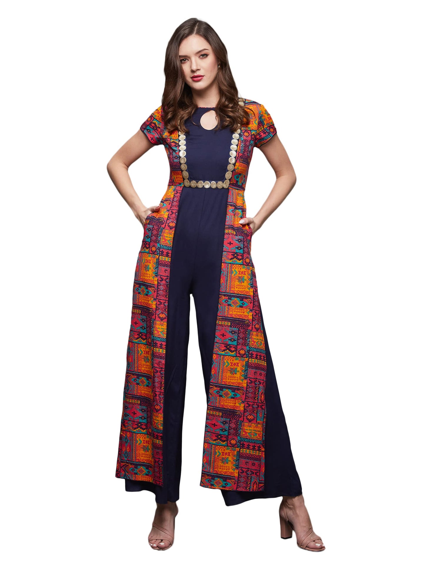 Miss Chase WomenS Keyhole-Neck Regular Sleeve Regular Length Jumpsuit With Pockets (Mcss23D15-66-178-06, Multicolored-Base-Navy