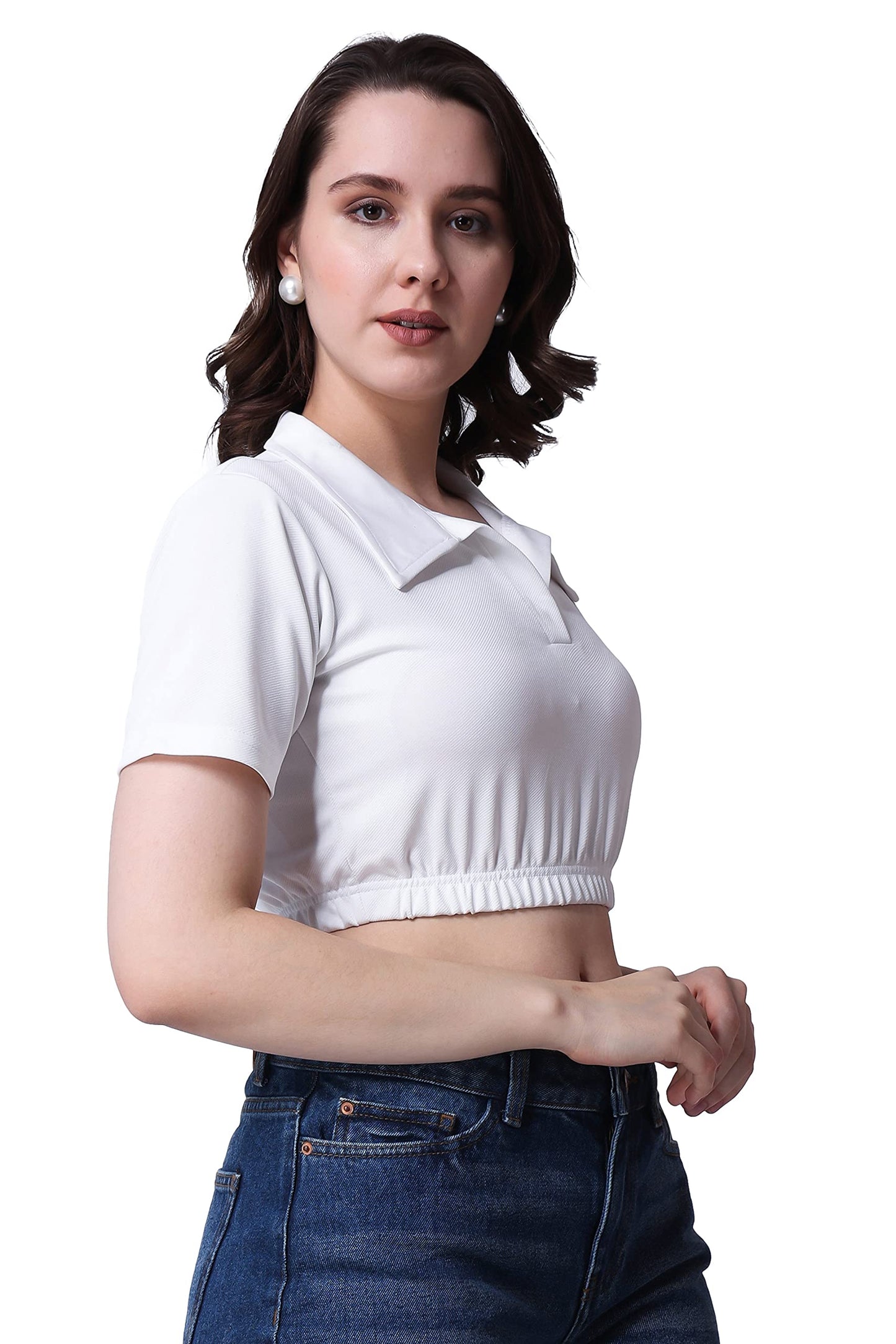 POPWINGS Casual Solid Collared Short Sleeves Crop Top for Women || Stylish Comfortable Women Crop Top for Summer White