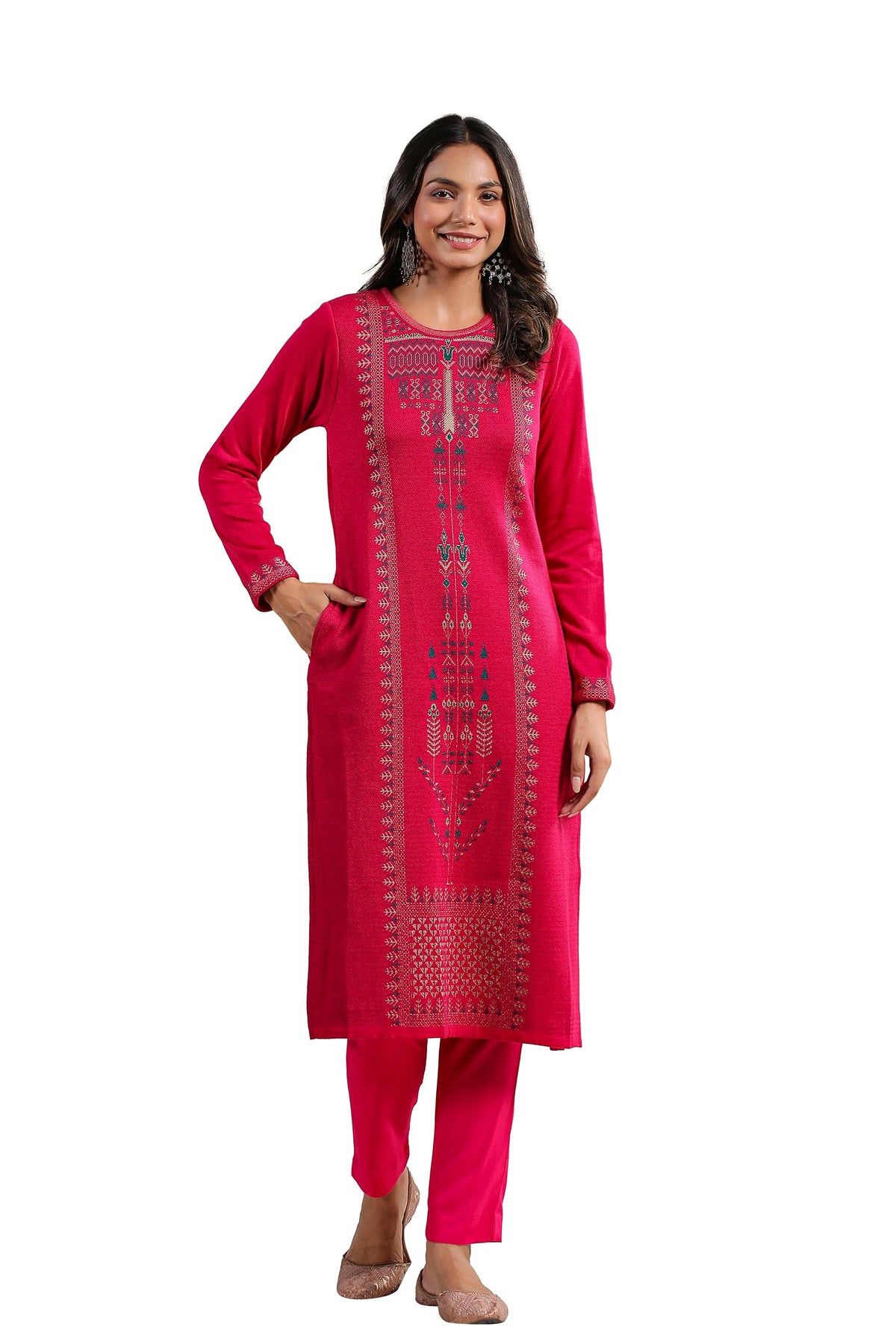 Ishin WomenS Pink Jacquard Style Ethnic Motifs Straight Winterwear Kurta
