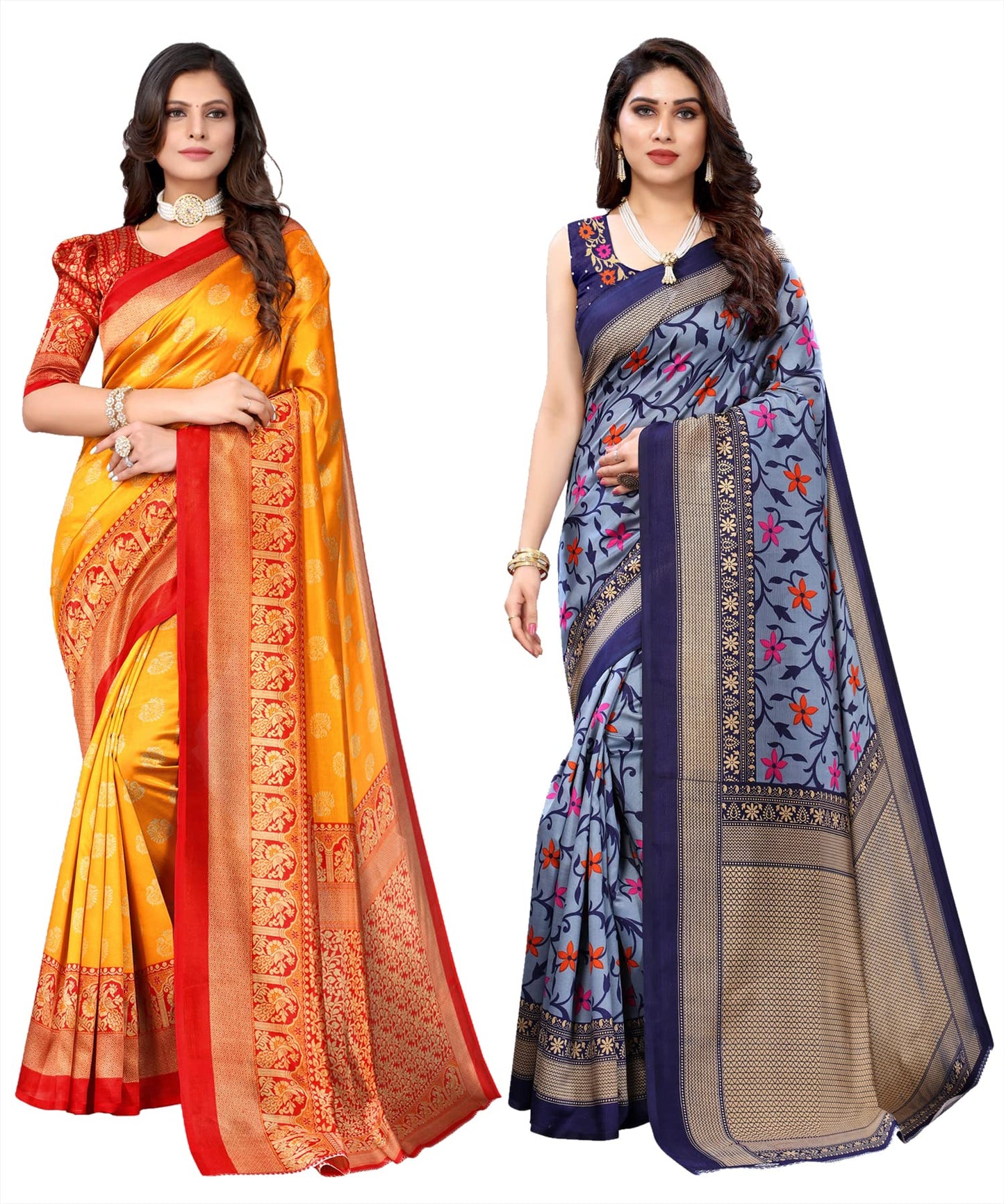 Yashika Womens Combo Art Silk Printed Saree With Blouse Piece Pack Of 2(MINALI MUSTARD-SWATI NAVY)