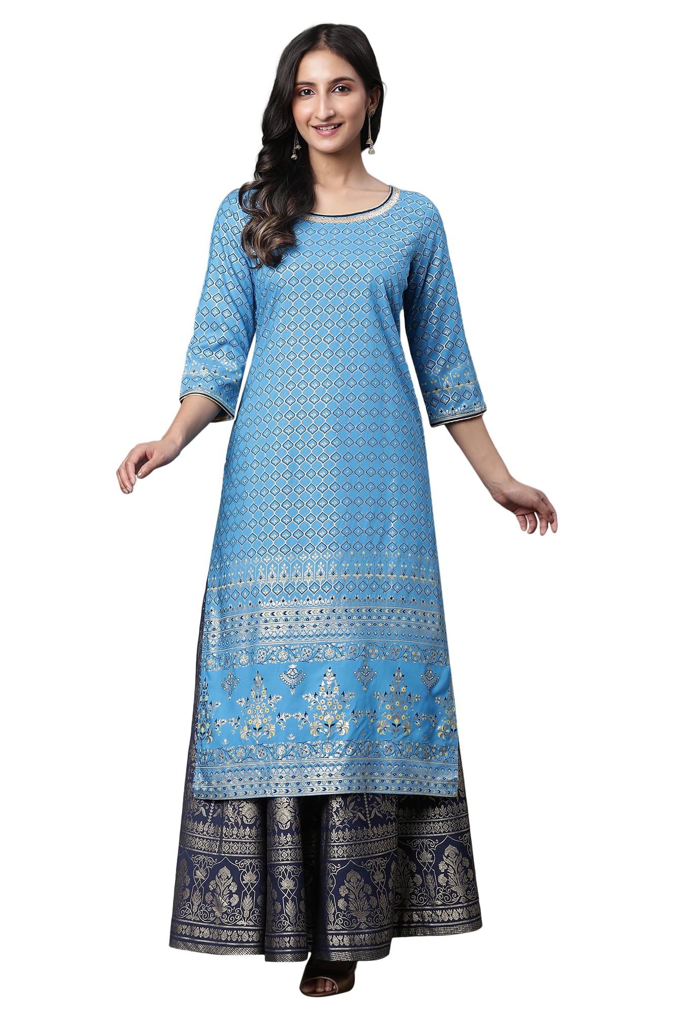 Aurelia Blue Foil Print Straight Long Kurta