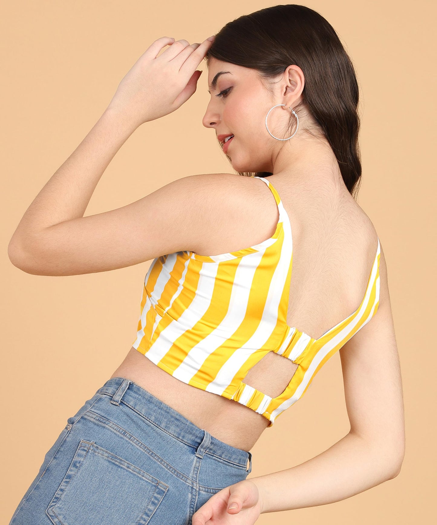POPWINGS Women Casual Yellow & White Stripe Print Strap Crop Top