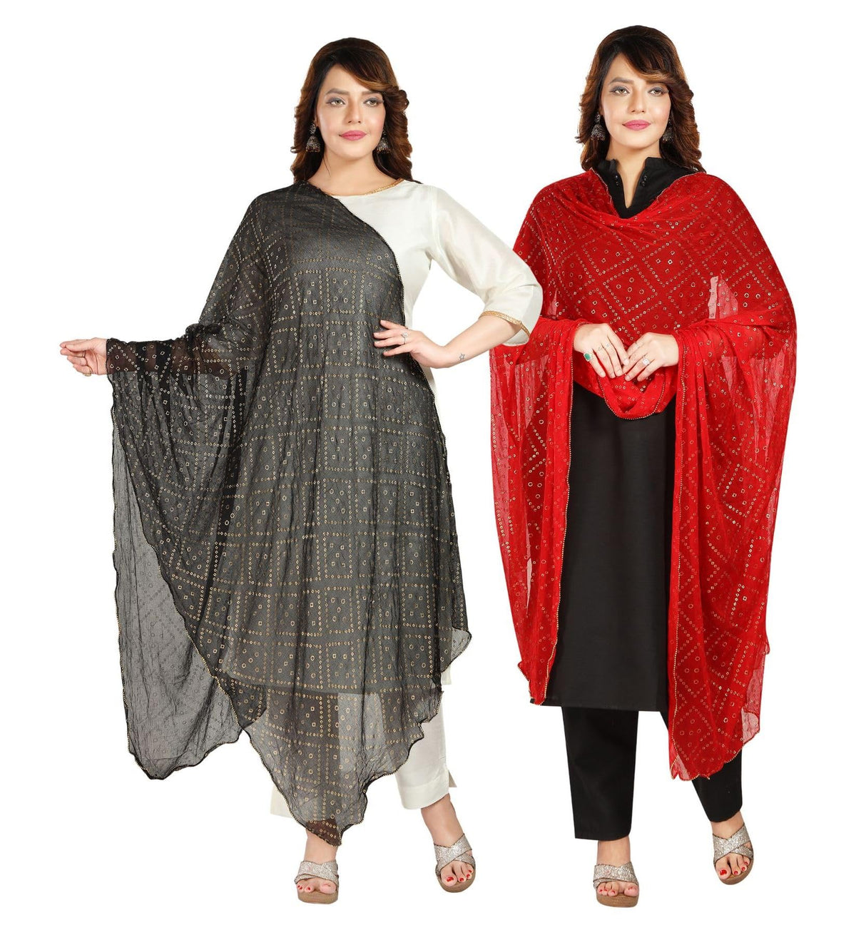 Fabme WomenS Printed Dupatta With Embellish Golden Border Black Red - Pack Of 2