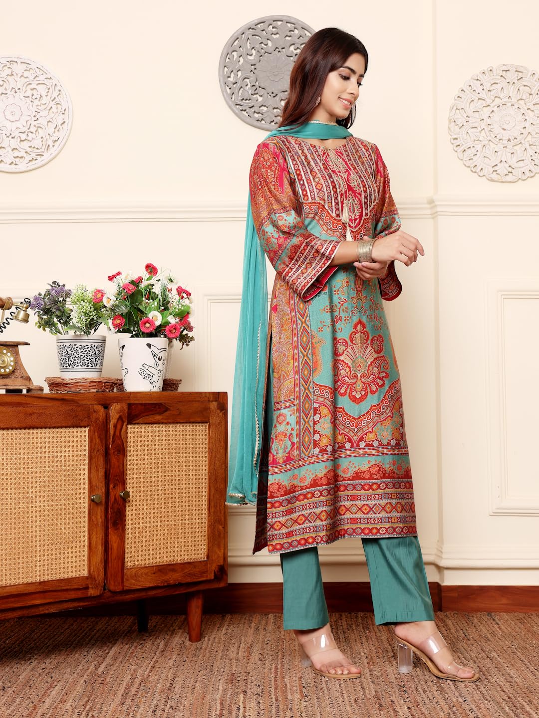 Varanga Women Turkish Ethnic Printed Zari & Gota Lace Detailed Kurta With Solid Trouser & Dupatta Elegant Ethnic Set