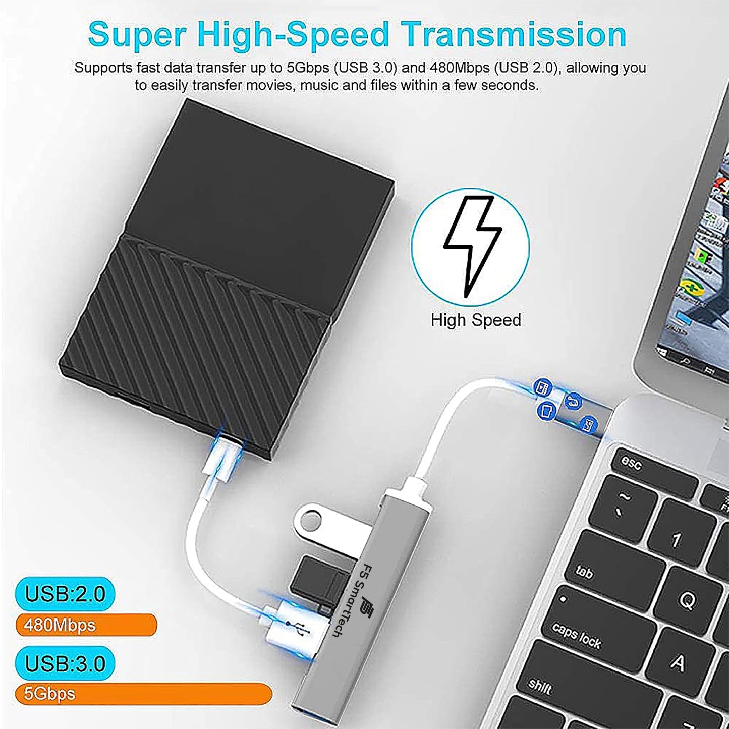 F5 SmartTech 4 in 1 Type C 4 Ports High Speed 3.0 USB Hub