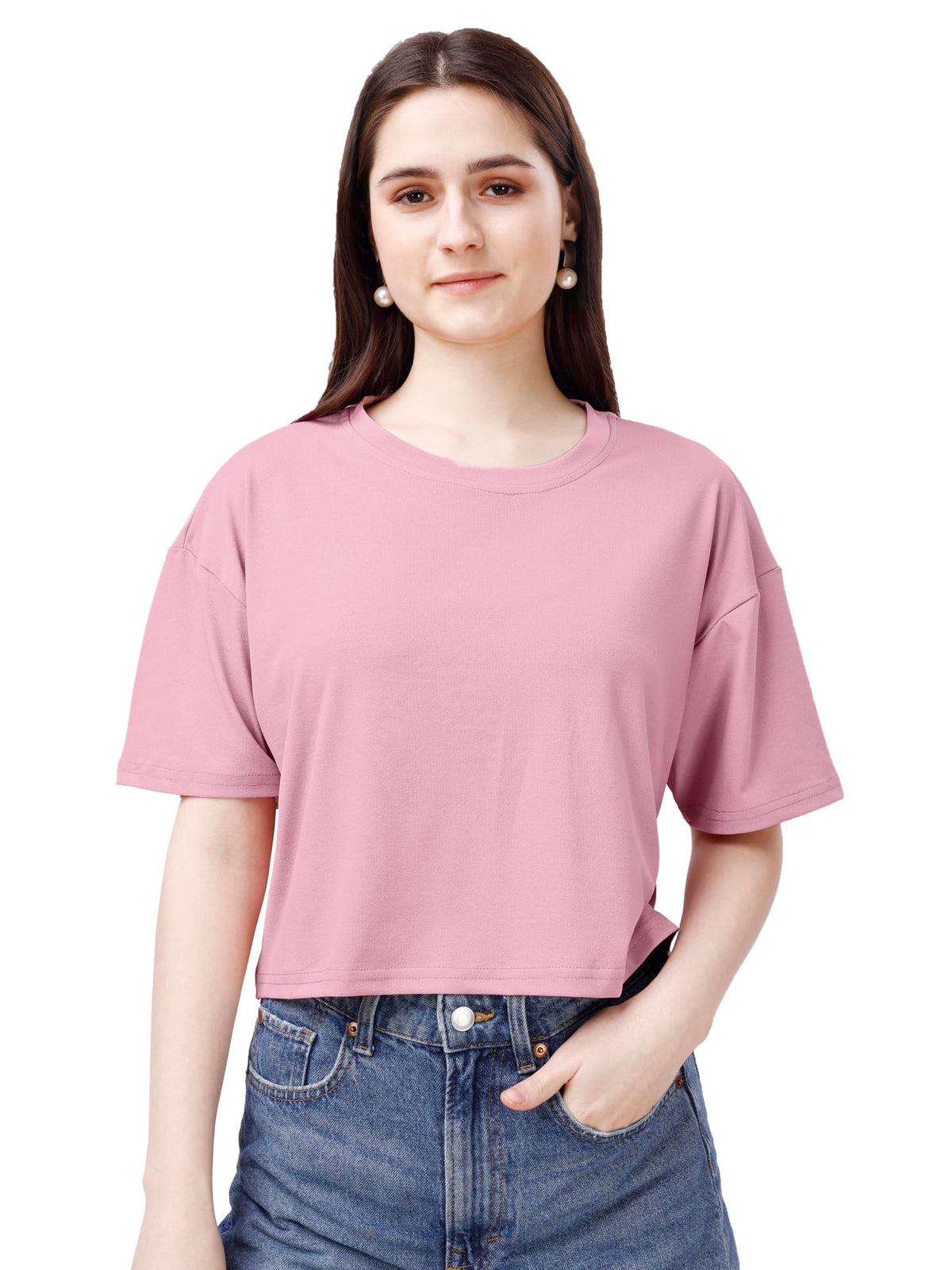 ELLITI Soft Rich Cotton Rose Gold Half Sleeve | Round Neck | Oversized/Loose Fit | Down Solder | Plain/Soild Crop Top for Women
