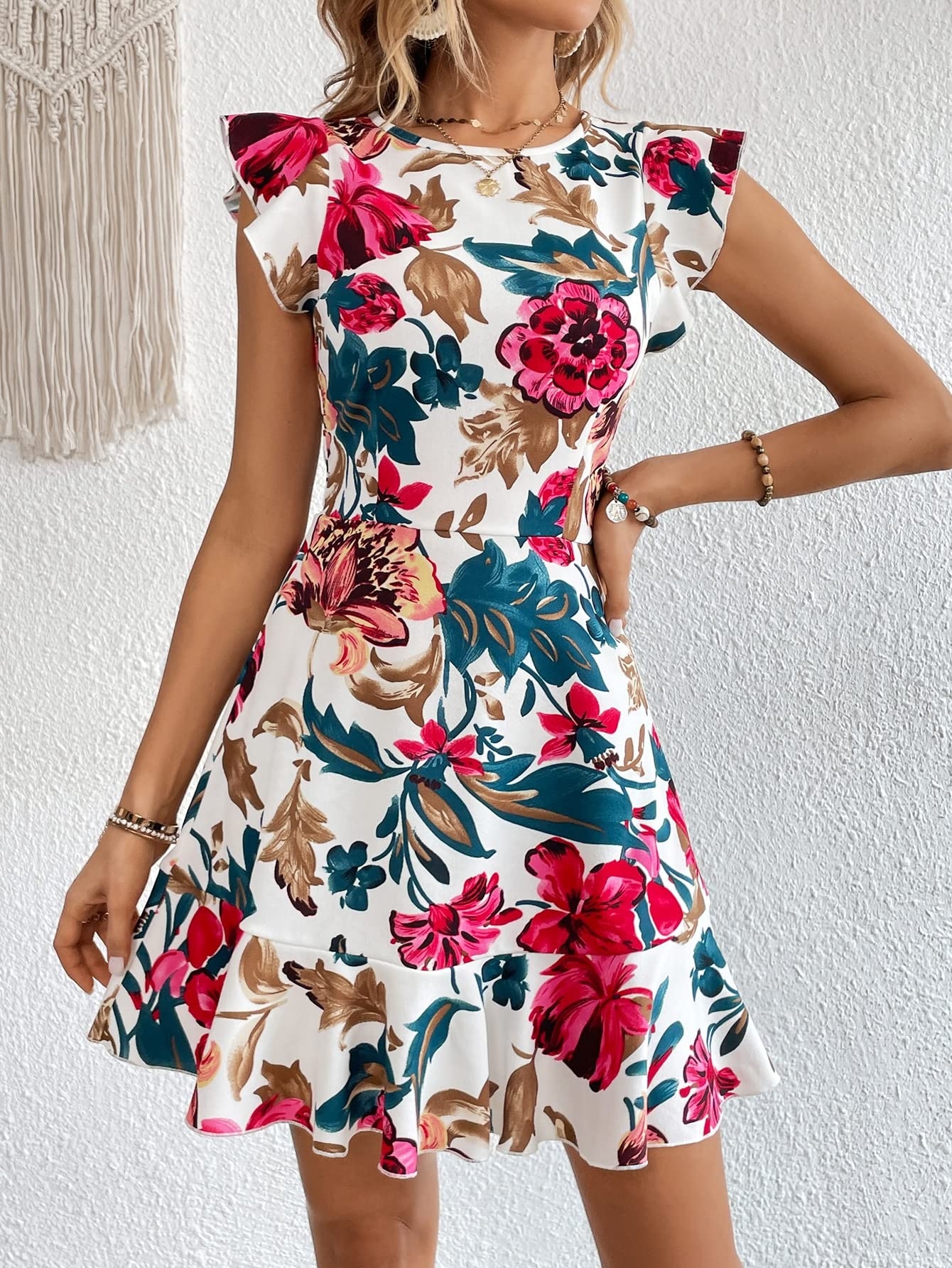 Shasmi GirlS & WomenS White Floral Print Cap Sleeve Ruffle Trim Short Dress Summer Boho One Piece Mini Dress For Women Stylish